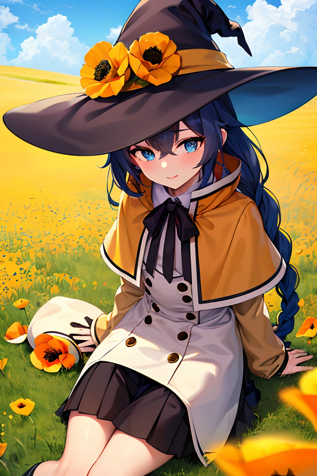 (masterpiece,intricate details),1girl,mature female,light _face, BREAK roxymigurdia,  roxy, ahoge, black ribbon, blue eyes, blue hair, braid, hair between eyes, hair ribbon, long hair, twin braids, very long hair, hat, witch hat, BREAK black legwear, black skirt, capelet, jacket, brown jacket, long sleeves, miniskirt, open clothes, open jacket, pleated skirt, skirt, white capelet, white footwear, white jacket| ((sit on the vibrant yellow and orange hues of California's Antelope Valley Poppy Reserve, blanketed with a sea of golden poppy flowers)),((cumulonimbus)),((upper body,portrait)),from above:1.3,depth of field,looking at viewer,