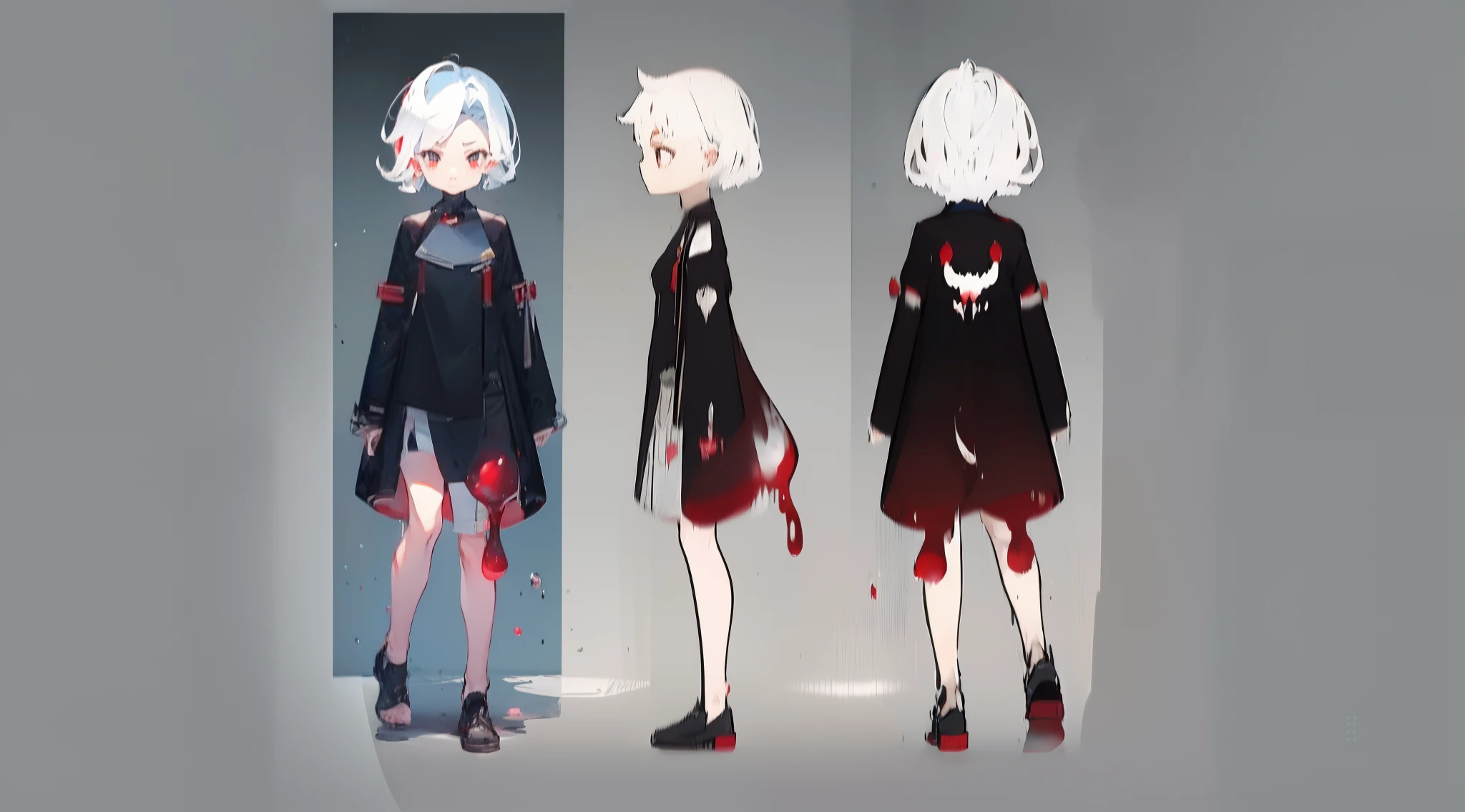 Lady Lady, lovely boy, with short white hair, red color eyes, ssmile, Black sailor costume with shorts, Red as the color scheme, detailed hairs, Poor milk,little breast, disgusted expression, There is white slime on the face,((tmasterpiece)),((((best qualtiy))),(CharacterDesignSheet,Same character,frontage,Lateral face,on back),(simple backgound,white backgrounid:1.3),Clear face