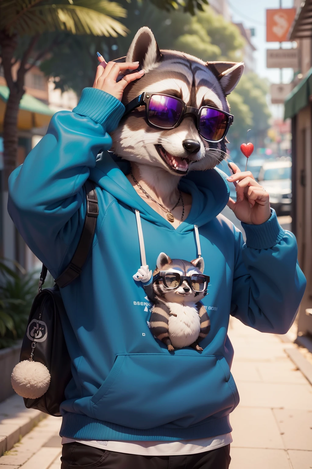 stuffed raccoon Rocky Racon, in sunglasses and a cute blue sweatshirt, segurando um telefone celular, olhando legal e elegante, guaxinim Pescador,( a raccoon wearing sunglasses, como um personagem de fortnite, sorridente e feliz, Pescador, Pescador anime, inofensivo e amigavel e fofinho, corpo de guaxinim baixo