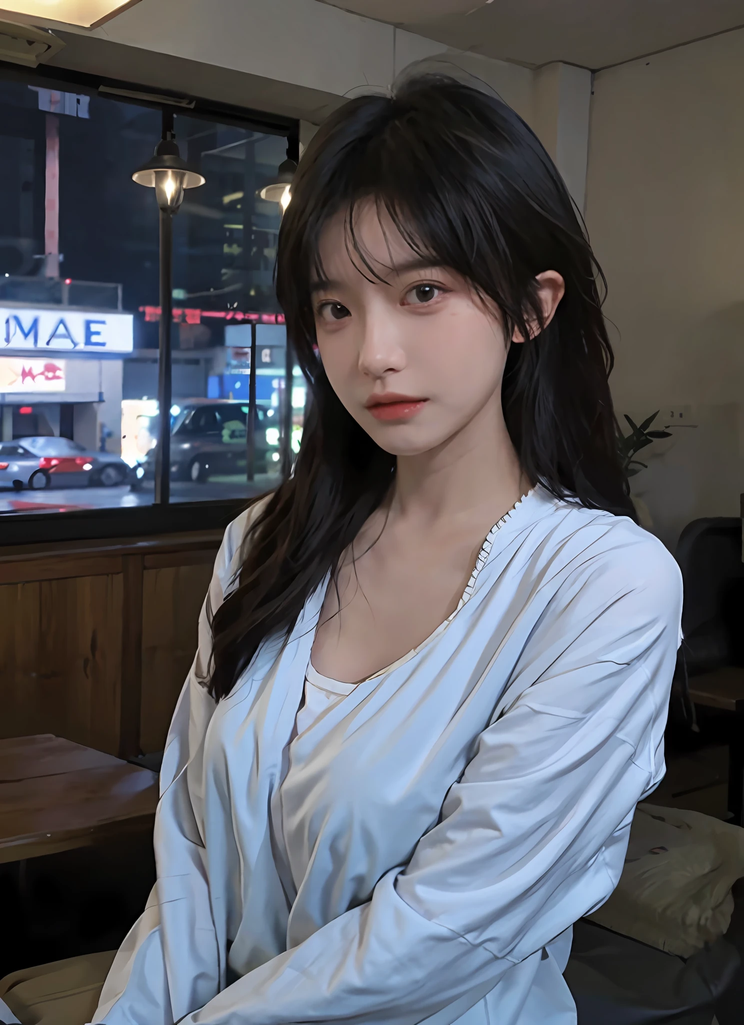 best qualtiy，tmasterpiece，超高分辨率，（realisticlying：1.4），1girll，Raised sexy，（The shirt：1.2），（brassier：1.2），（big cleavage breasts：1.3），（The upper part of the body：1.4），Cafe，sideface