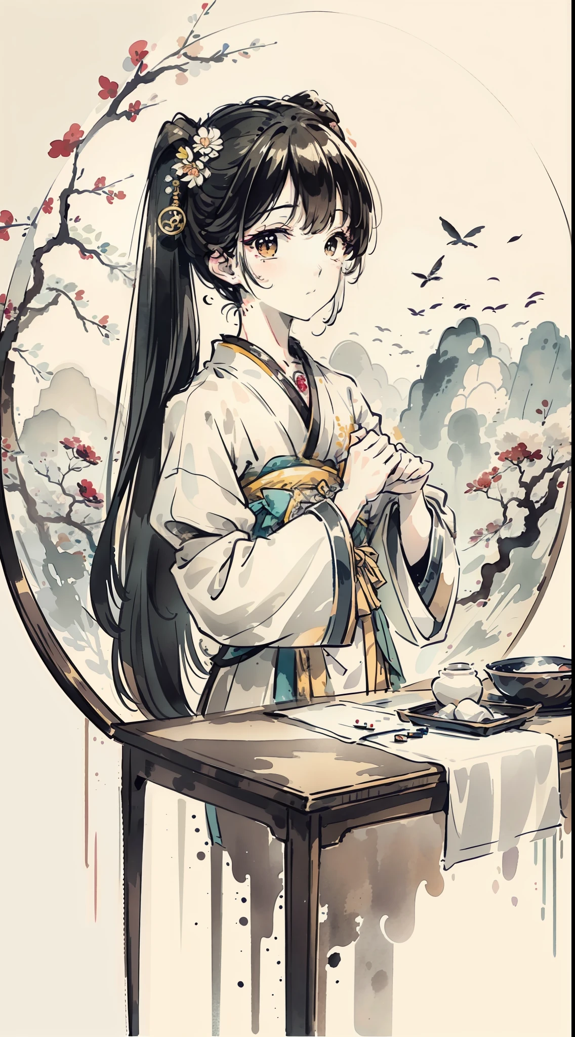（Master masterpieces，high qulity，Very detailed，Perfect artwork，CG），（ink wash style：1.5），Defocused，kinds of colors,The art of paper，illustration，white background, scenery,one-girl，Oriental elements，vanity table，mirror surface