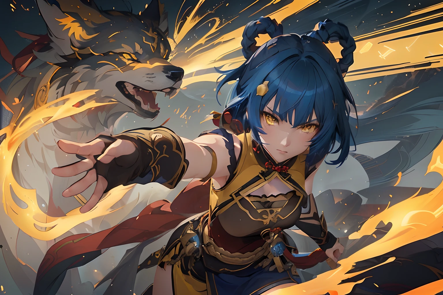 anime girl with blue hair and yellow eyes, fighting a wolf, xiangling from genshin impact, anime style 4 k, 2. 5 d cgi anime fantasy artwork, artgerm and atey ghailan, badass anime 8 k, anime fantasy illustration, fire magic fractal swirls, yellow and brown chinese clothes, cinematic shot