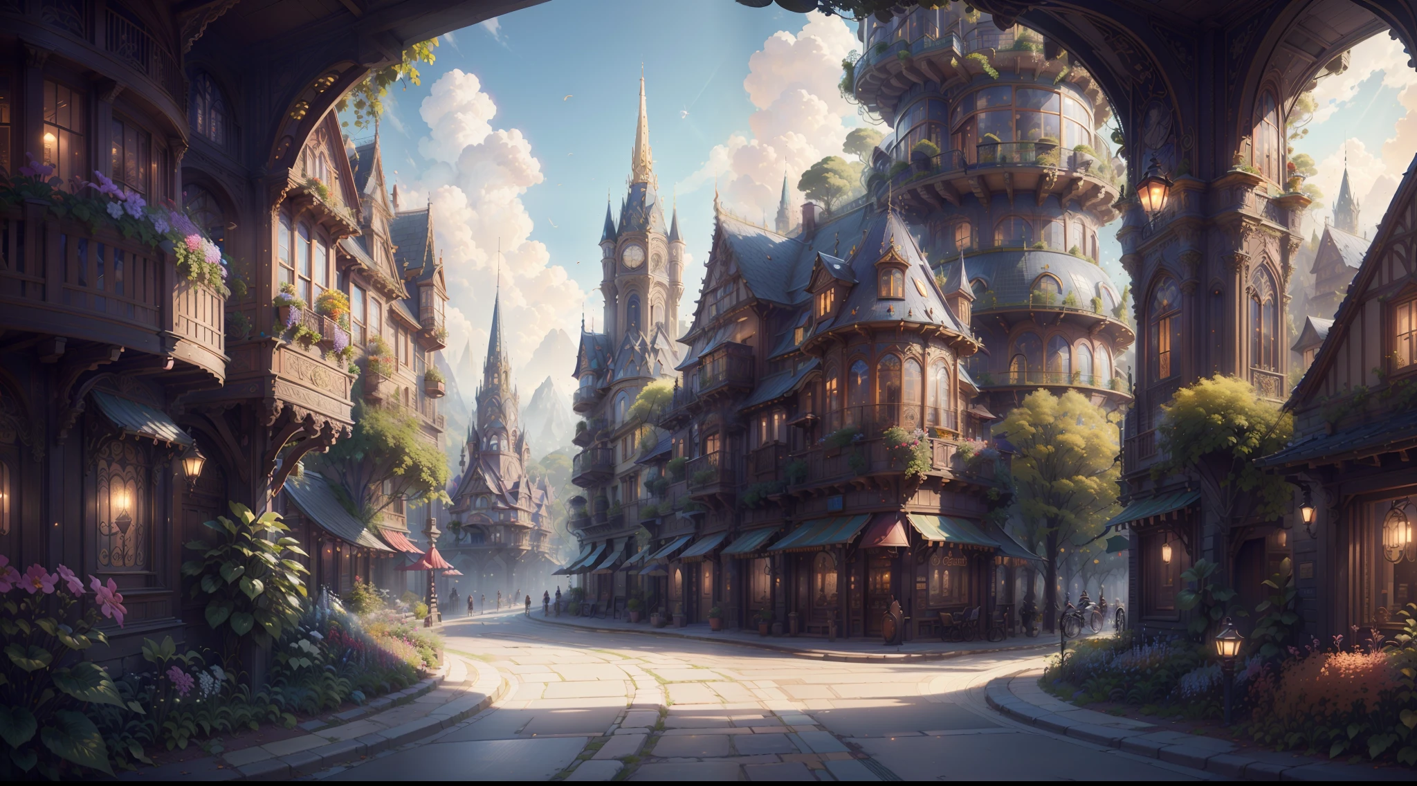 "picturesque townscape: breathtaking architecture in Art Nouveau style, ((paved street)), (beautiful cafe in the background: 0.5), ((magic shops: 0.5)); town square, charming, vibrant cityscape, [cars] enchanting magical fantasy ambiance, (masterpiece), (best quality), (ultra-detailed) beautiful surroundings in the background, many flowers and trees, insanely detailed and intricate, hypermaximalist, elegant, ornate, hyper realistic, super detailed, Cinematic Lighting, Wide Angle, scenery"