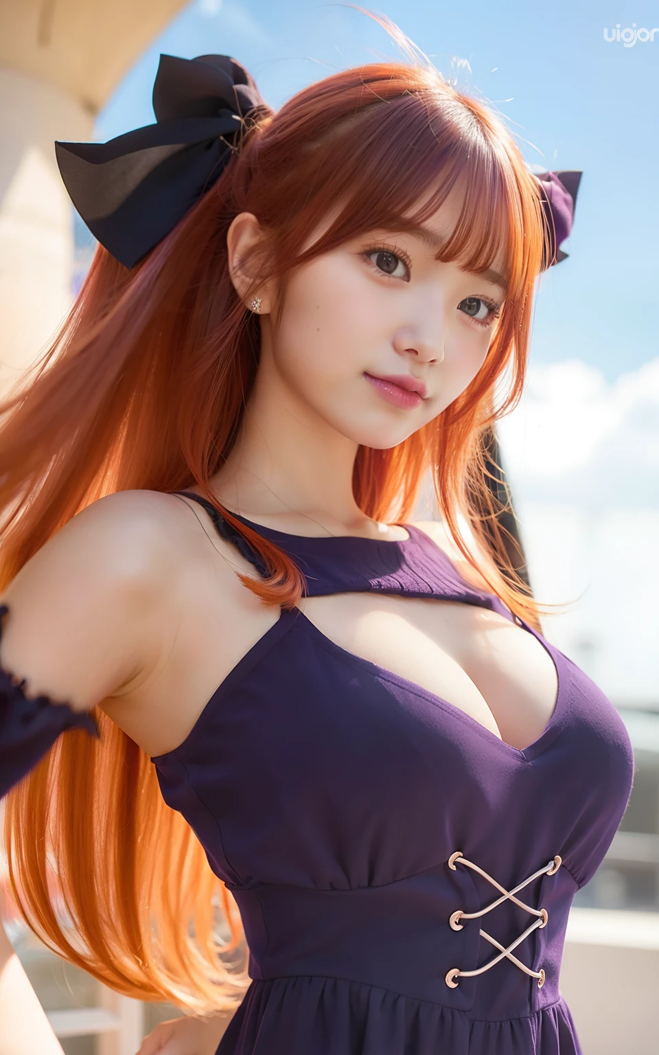 1girl, Guenevere, Purple clothes, Long Hair, Orange Hair, Realistic, ultra detail, 70mm lens