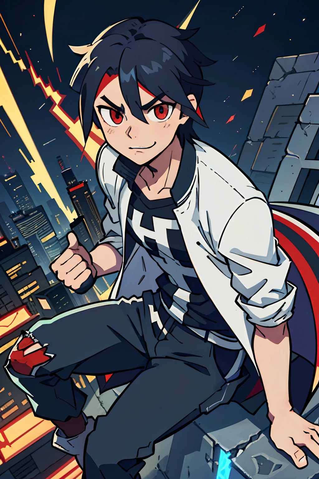 Among the ruins of the city,A boy with,sitted, Striped hair, Black hair, mullet, Heterochromia, Red eyes, Evil smile, kamina shades, Snake pupils, hyper HD, Masterpiece, ccurate, Anatomically correct, High quality, Award-Awarded, High details, Super detail, Textured skin, Best quality, A high resolution, 8K