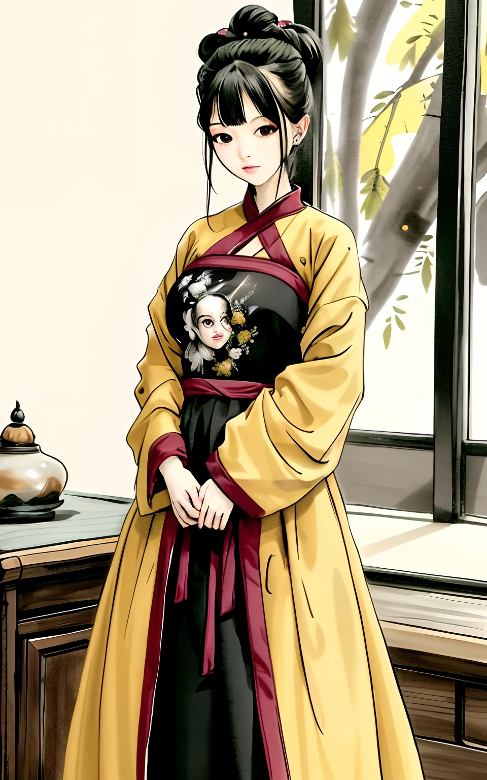 shukezouma, negative space, , shuimobysim , portrait of a woman standing , willow branches, (masterpiece, best quality:1.2), traditional chinese ink painting, modelshoot style, peaceful, (smile), looking at viewer, wearing long hanfu, hanfu, song, willow tree in background, wuchangshuo, 1girl, maid, solo, black hair, hands on hips, apron, maid headdress, single hair bun, black eyes, hair bun, looking at viewer, maid apron, yellow elements, (armor, armored dress,:1.1), emotionless, narberal_gamma, highres, sharp focus, pixiv masterpiece, ((intricate details)), highly detailed,