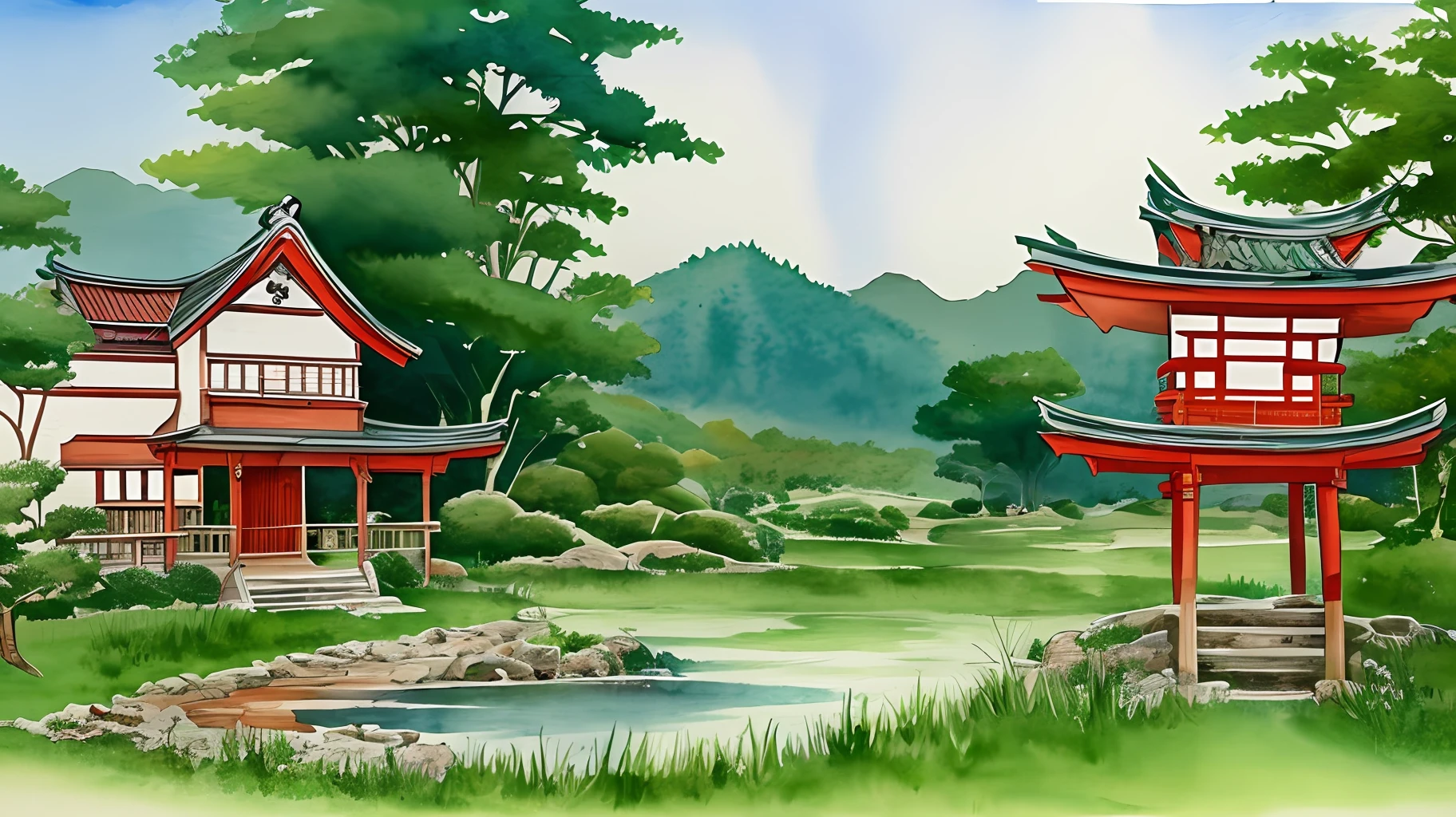 watercolor, masterpiece, Japanese landscape, forest, rural house, well, villages --auto --s2