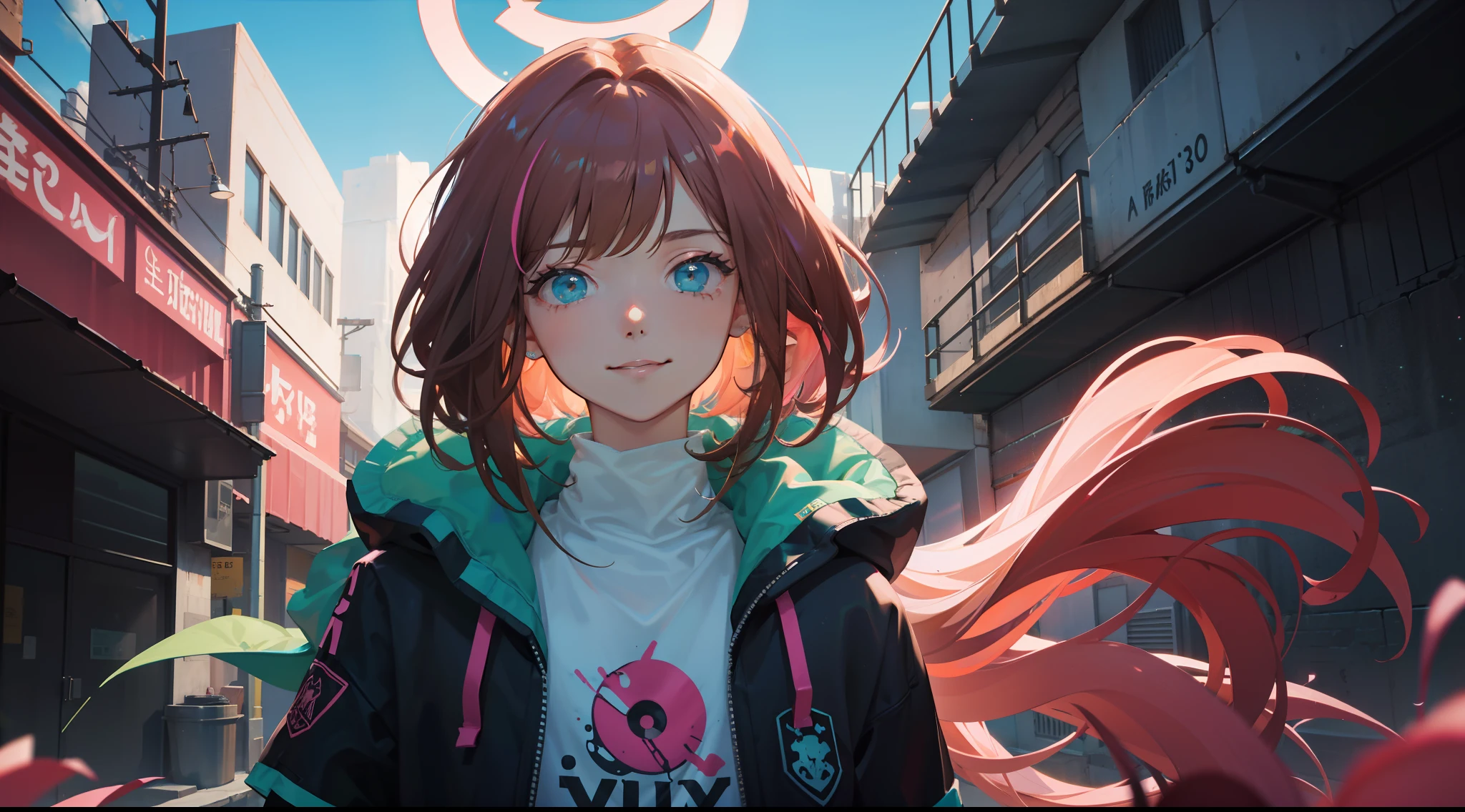 1 girl brown hair at the roots and the bottom of the hair is pink. ojos verdes y pelo corto rizado. Camiseta azul como ropa estilo cyberpunk. She smiles with a flushed face. ojos verdes oliva. lleva gafas azules oscuro
