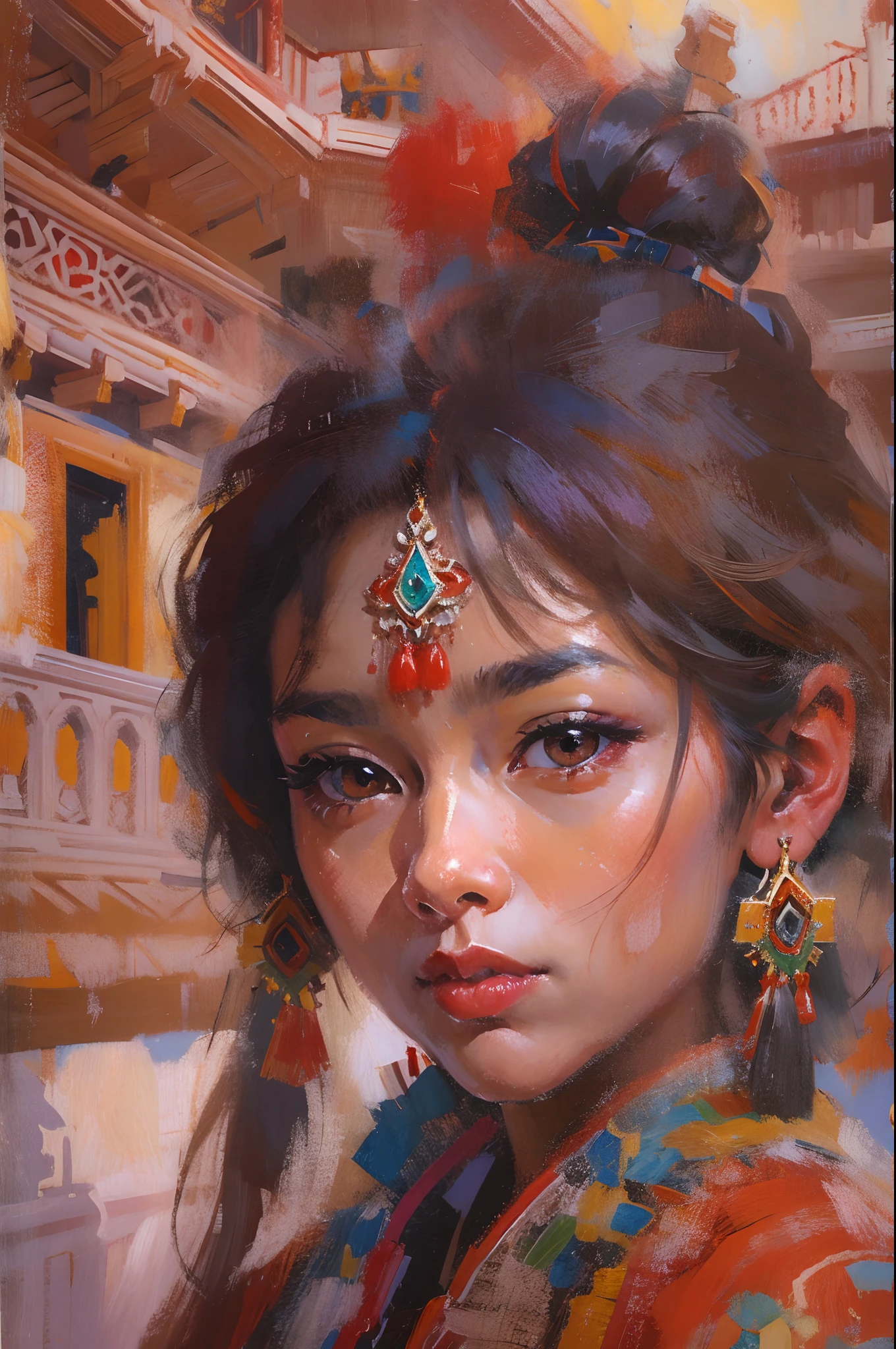 Potala Palace, Lhasa，Beautiful Tibetan girl，Tibetan costumes，Keep open doors，Dance，cabelos preto e longos，Red face，oil painted，inks，acrycle painting，tmasterpiece，Renaissance style，best qualtiy，A high resolution，super-fine，Eyes detailed，Face detailed，hair detail，Accurate，Clear eye focus close-up