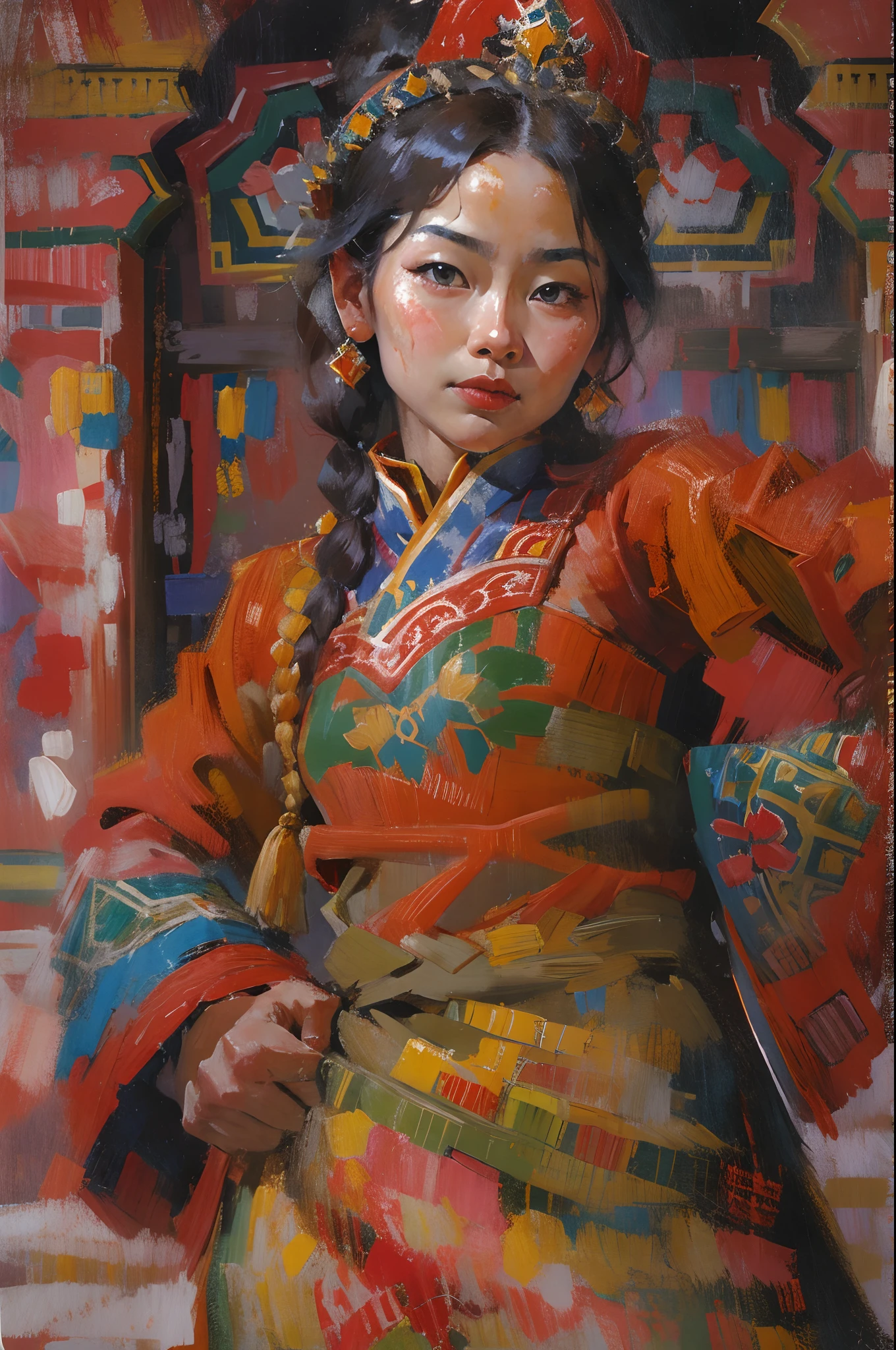 Potala Palace, Lhasa，Beautiful Tibetan girl，Tibetan costumes，Keep open doors，Dance，cabelos preto e longos，Red face，oil painted，inks，acrycle painting，tmasterpiece，Renaissance style，best qualtiy，A high resolution，super-fine，Eyes detailed，Face detailed，hair detail，Accurate，Clear eye focus close-up