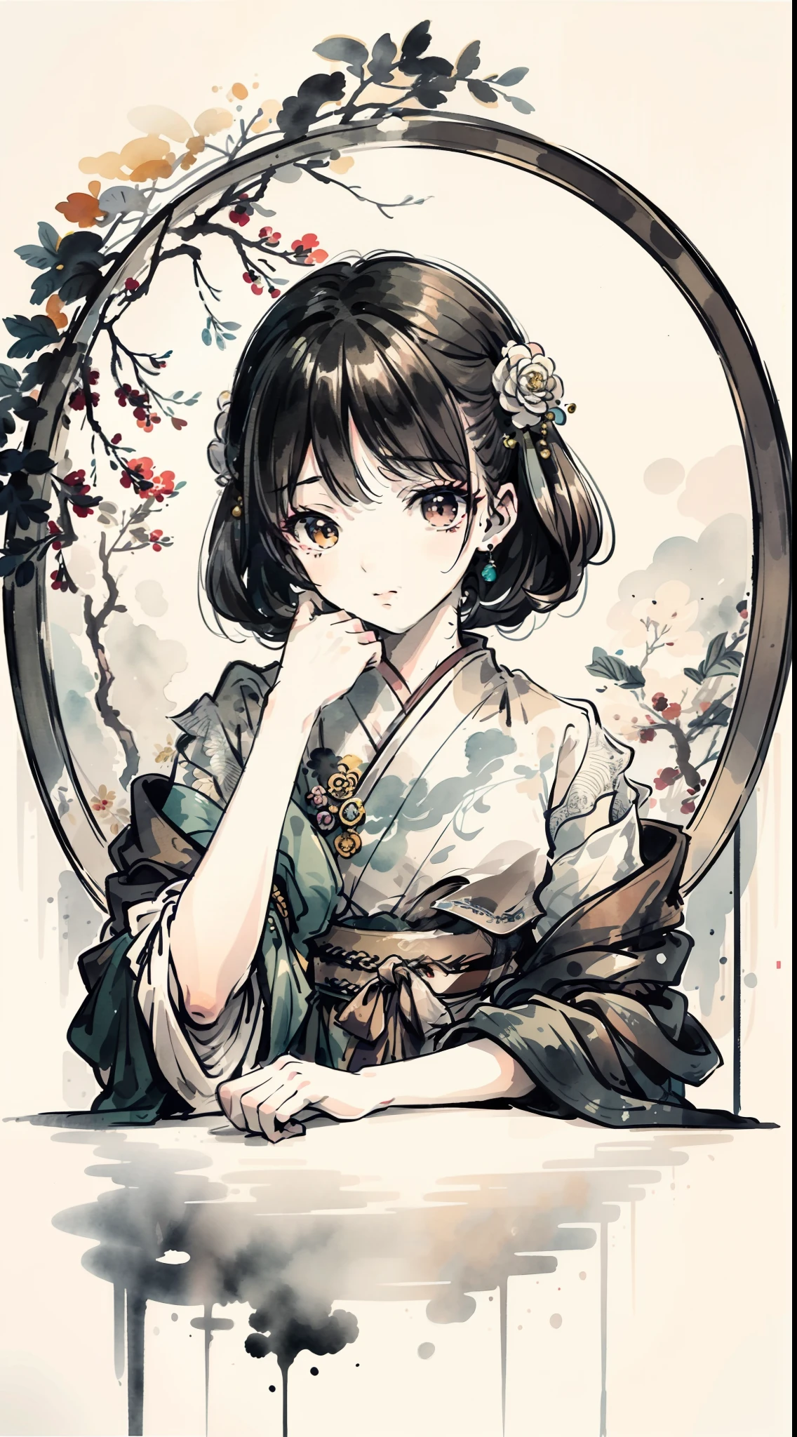 （Master masterpieces，high qulity，Very detailed，Perfect artwork，CG），（ink wash style：1.5），Defocused，kinds of colors,The art of paper，illustration，white background, scenery,one-girl，Oriental elements，vanity table，mirror surface