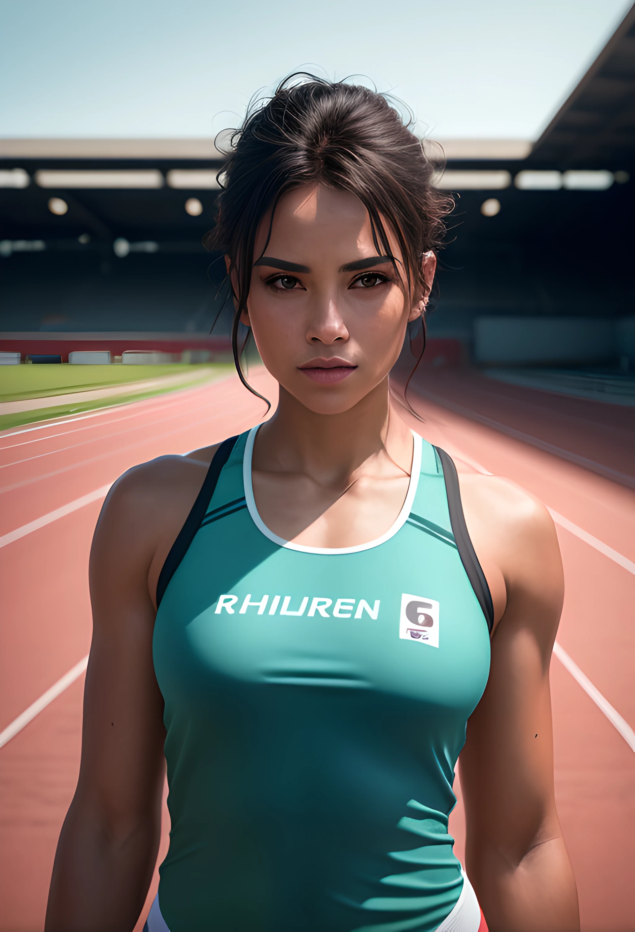 beautiful mature college girl, in track outfit, outside on track field, ((slim, petite)), photorealistic, photo, masterpiece, realistic, realism, photorealism, high contrast, photorealistic digital art trending on Artstation 8k HD high definition detailed realistic, detailed, skin texture, hyper detailed, realistic skin texture, armature, best quality, ultra high res, (photorealistic:1.4),, high resolution, detailed, raw photo, sharp re, by lee jeffries nikon d850 film stock photograph 4 kodak portra 400 camera f1.6 lens rich colors hyper realistic lifelike texture dramatic lighting unrealengine trending on artstation cinestill 800,