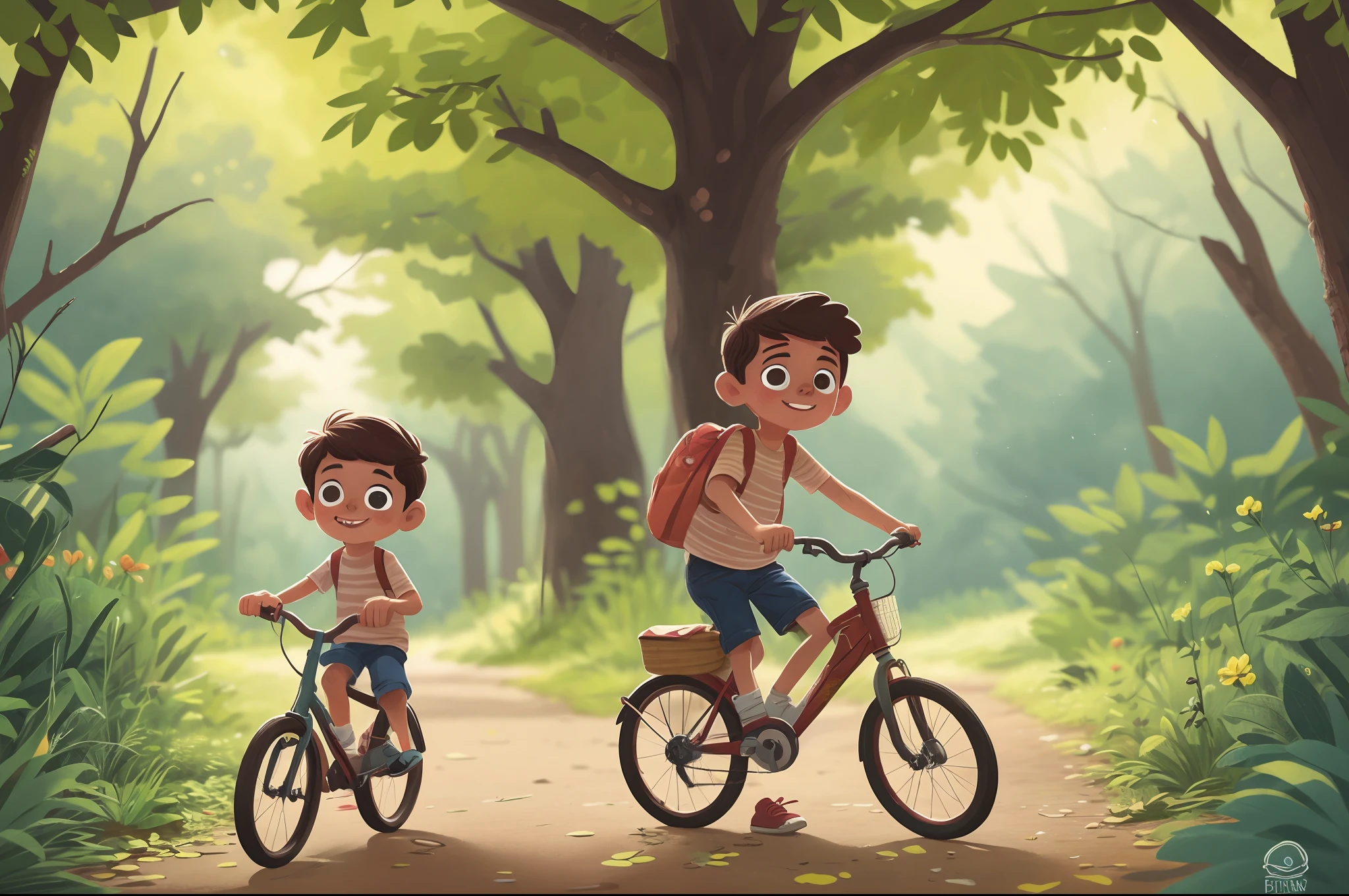 Imagem de um De menino andando de bicicleta em uma floresta macabra