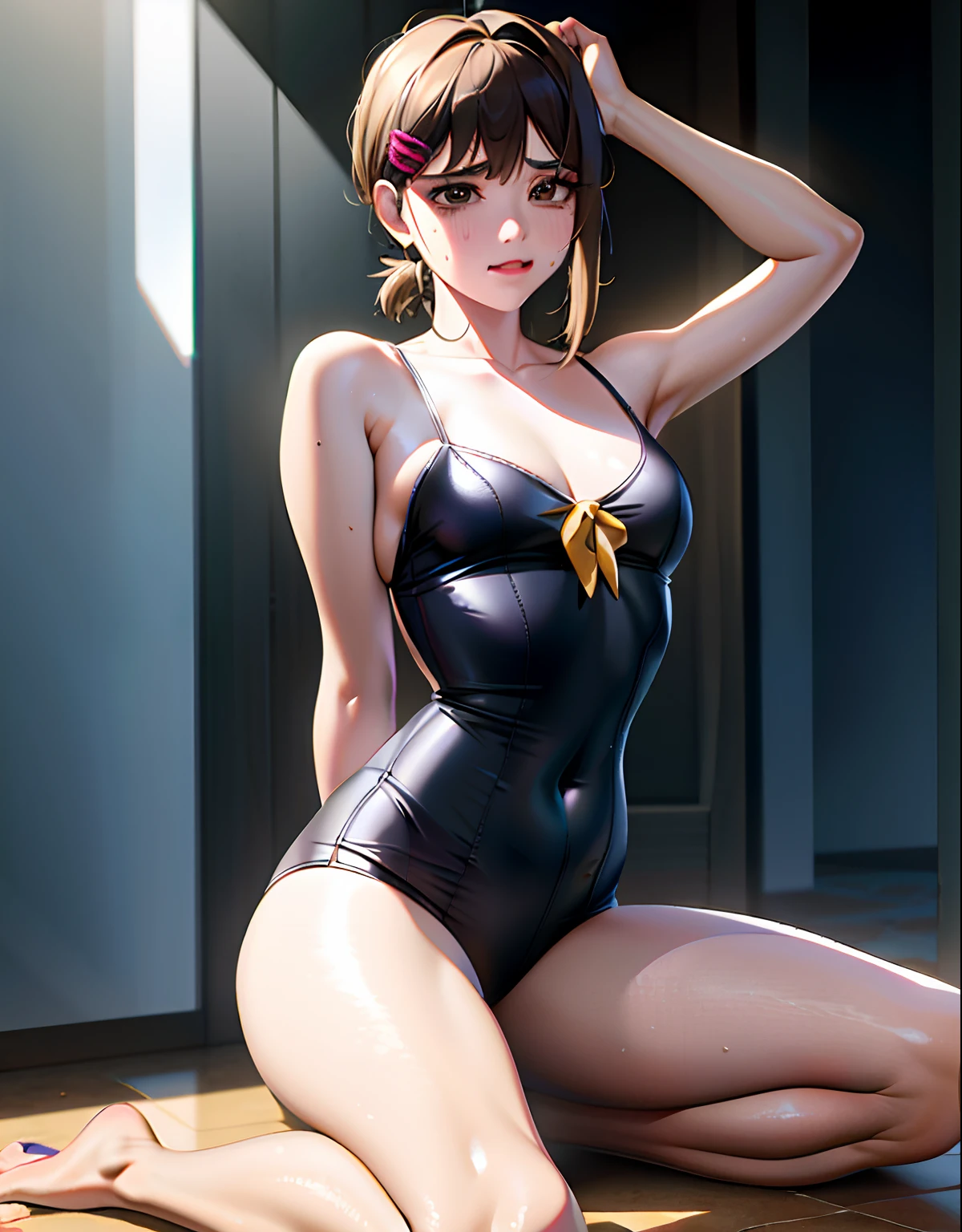 1 girl,
(Obra maestra, Luz lateral: 1.2), Calidad superior, Ultra dealtoe, High resolution, Super Dealtoe, muy complejo, complex decoration, 8k, hiqcg, High resolution, muy delicado y hermoso, Fondo de panaltoa de 8k, dealtoe, Arte Oficial, fondo de panaltoa CG Unity 8k altamente dealtoado,
Luz lateral, Cara 3D, Cara perfecta, realista,
Forma adecuada del cuerpo, manos derechas, piel brillante, piel perfecta, cuerpo perfecto, Lindo, Hermosa cara dealtoada, mujer joven, girl face, (doncella), (Medio_senos:1.3), Pechos alegres, school swimsuit, cara loca, Yandere, sweating, llanto, sonrojarse, Corbata negra Derby, ((Camisa con cuello blanco: 3.0))(brown eyes), 20 years old, (signo de paz), entrepierna abierta, piernas abiertas, cuerpo completo, asustadizo, miedo, tear, Nariz que moquea, Kobeni, alto