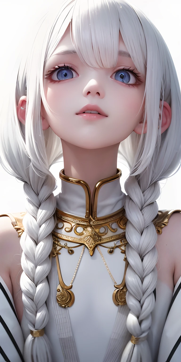 best quality, masterpiece,white hair, gold eyes,white clothes, looking up, upper body,hair strand,Fair skin,side braids