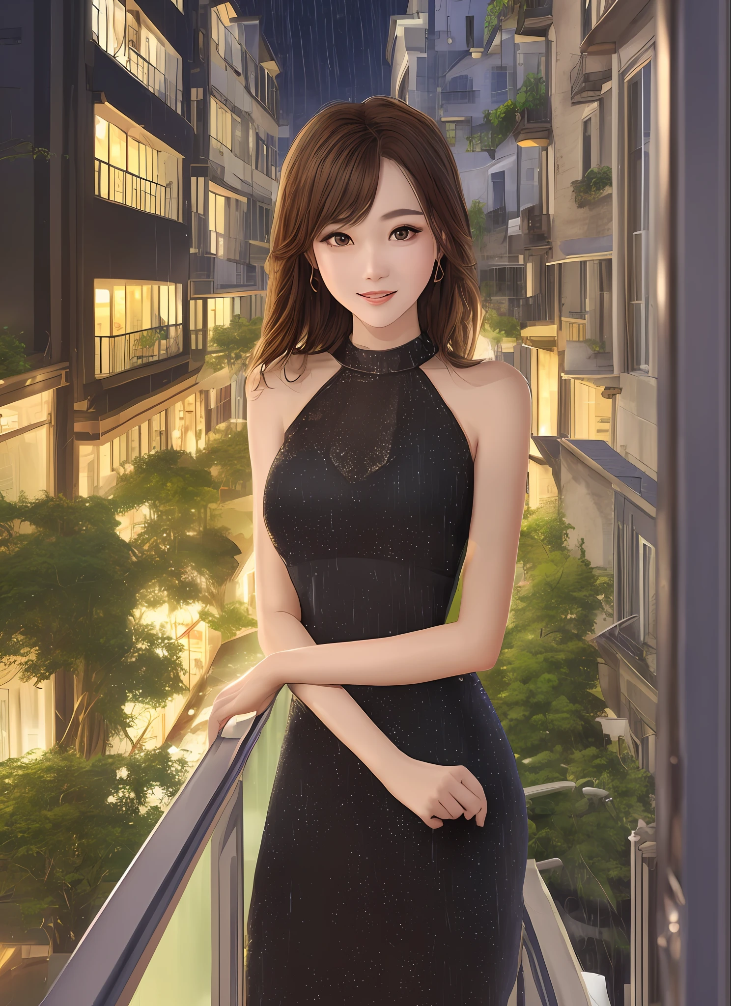 ((Best quality, 8k, Masterpiece: 1.3)), Selfie, Sharp focus: 1.2, Cute beautiful woman with perfect body: 1.4, Slim big breasts: 1.2, ((Brown hair dark, Big breasts: 1.2)) , (small transparent dress, half naked, highly detailed breasts, Happy expression, Standing: 1.2), ((Night view of the city with rain, Balcony simple: 1.3 making with the female being the main focus)), Highly detailed face and skin texture, Detailed eyes, Double eyelid