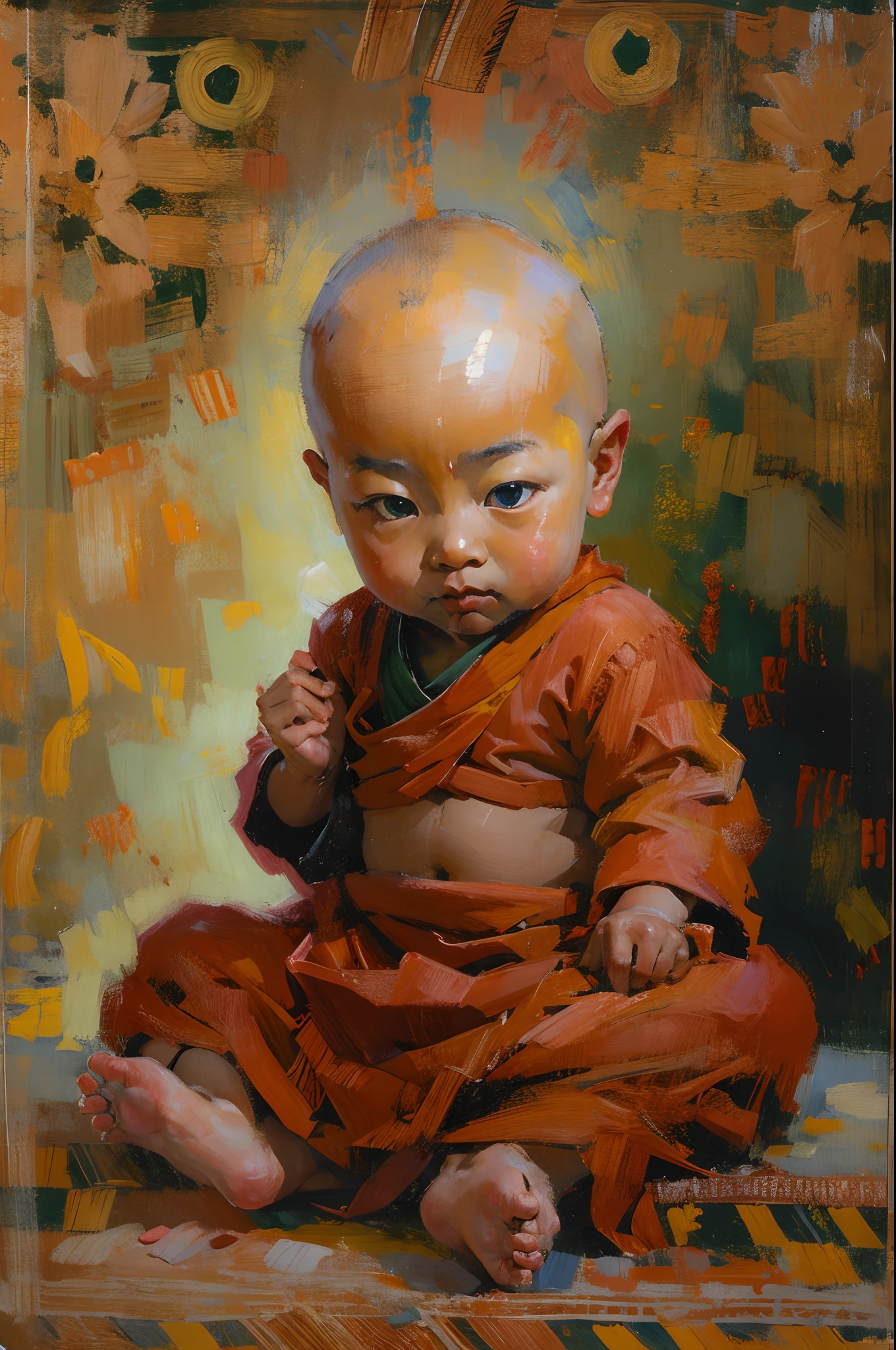 Shigatse, Tibet，Cute cute and serious baby boy living Buddha，Tibetan Buddhist costumes，bald-headed，Buddha，Sit cross-kneeled，Red face，and the sun was shining brightly，Buddhist Hall，oil painted，inks，acrycle painting，tmasterpiece，Renaissance style，best qualtiy，A high resolution，super-fine，Eyes detailed，Face detailed，hair detail，Accurate，Clear eye focus close-up