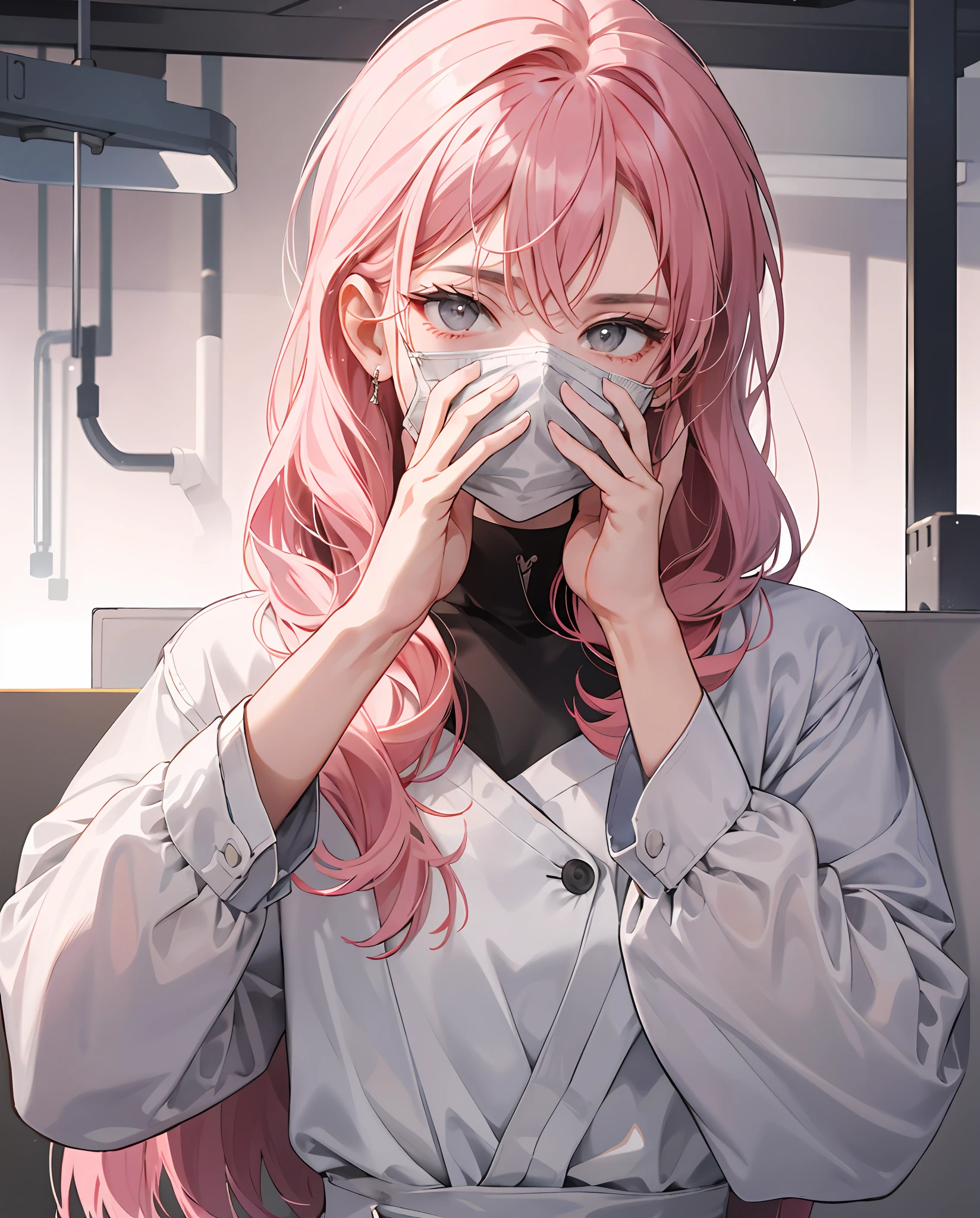 tmasterpiece，A high resolution，best qualtiy，maidennurse，the shy，Gray eyes，（fidelity：1.4），The upper part of the body，（Background with：terrazzo），Sanjiu，A pink-haired，Cover your face with your hands