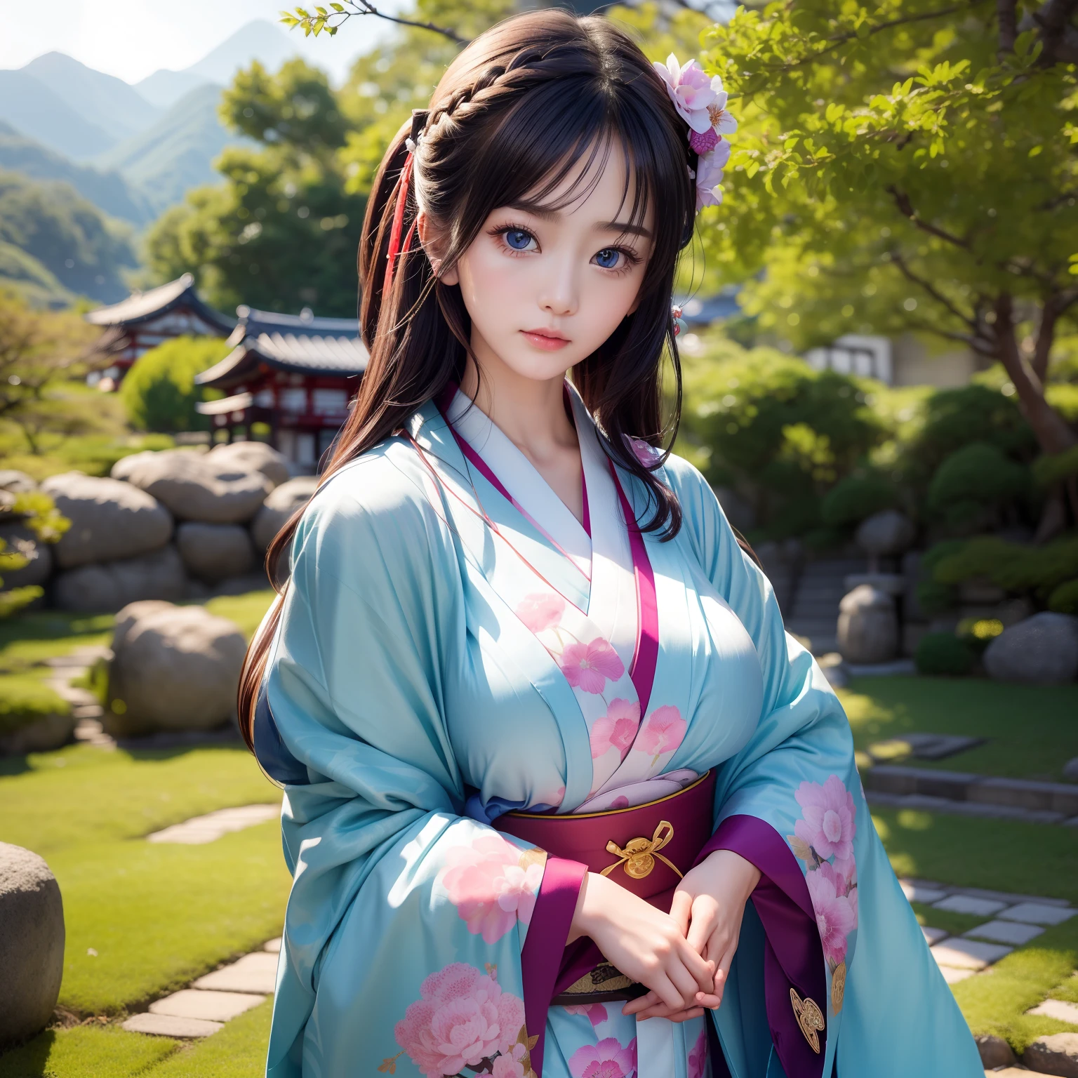 High quality、２５Pretty woman of year old、Slender beauty、Wear a traditional kimono with gorgeous Japan、Hairpin、Geta、Expensive obi、Big beautiful blue eyes、Detailed cute face、(((独奏)))、Dignified behavior、Gion、Kiyomizu-dera Temple、under a cherry blossom tree