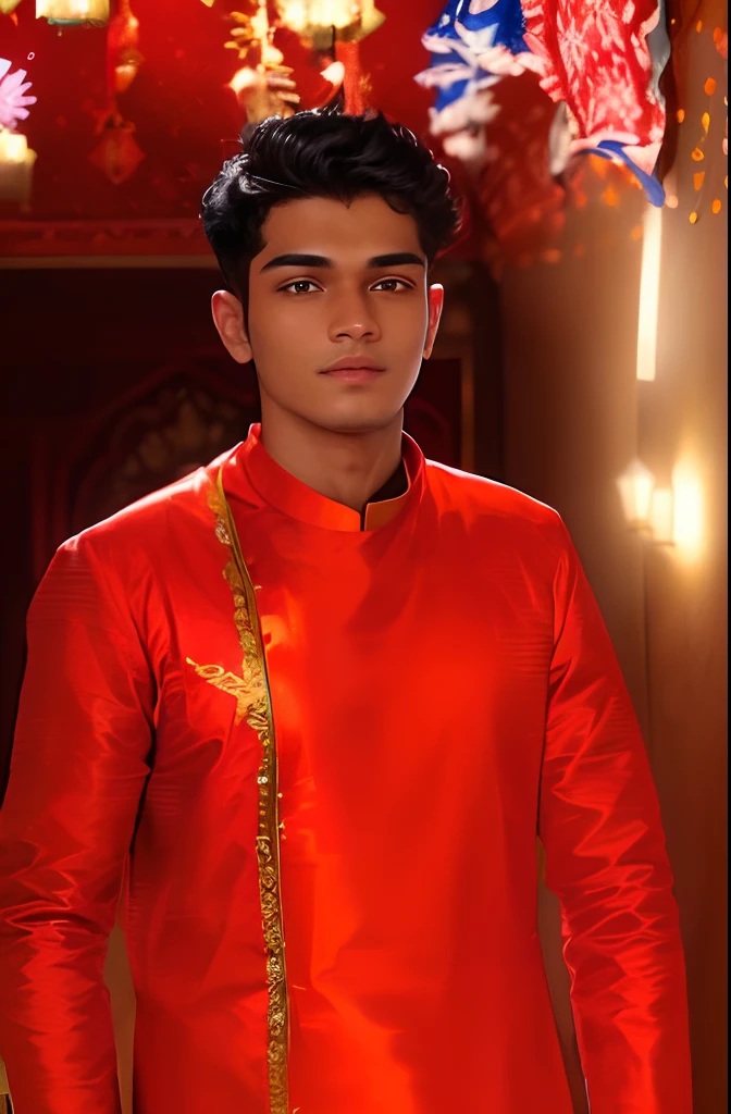 arafed man in red jacket standing in front of a decorated ceiling, candid picture, vinayak, around 1 9 , vastayan, candid photo, candid photograph, wearing a silk kurta, jayison devadas, with lovely look, at night time, ayan nag, wearing a kurta, in red background, johnatan wayshak