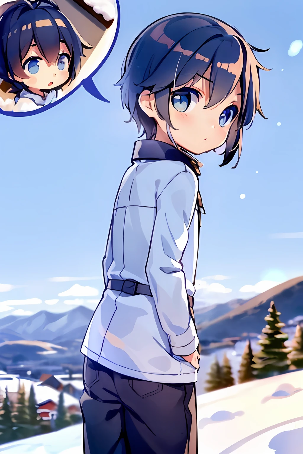 masterpiece, top-quality, Chibi,1boy(((Blue-eyed boy))), cheng,brown haired,shorth hair, Ski resort on a sunny day、snow board、(((Rear view)))(((Glide facing forward)))