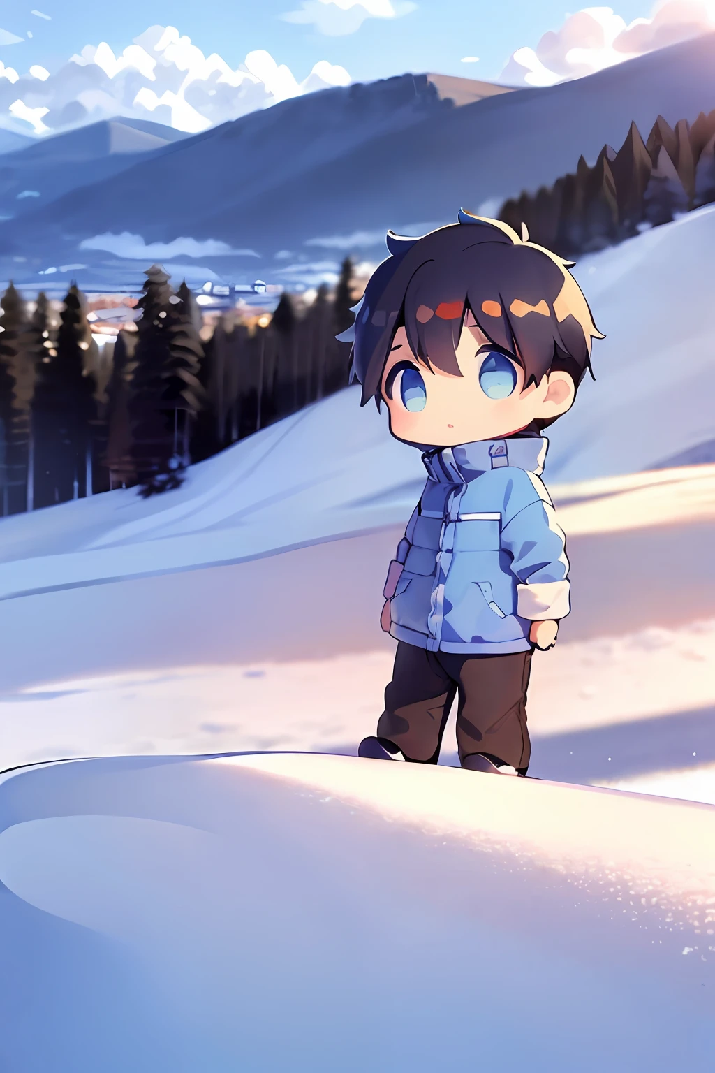 ​masterpiece, top-quality, Chibi,1boy(((Blue-eyed boy))), cheng,brown haired,shorth hair, Ski resort on a sunny day、snow board、(((Rear view)))(((Glide facing forward)))