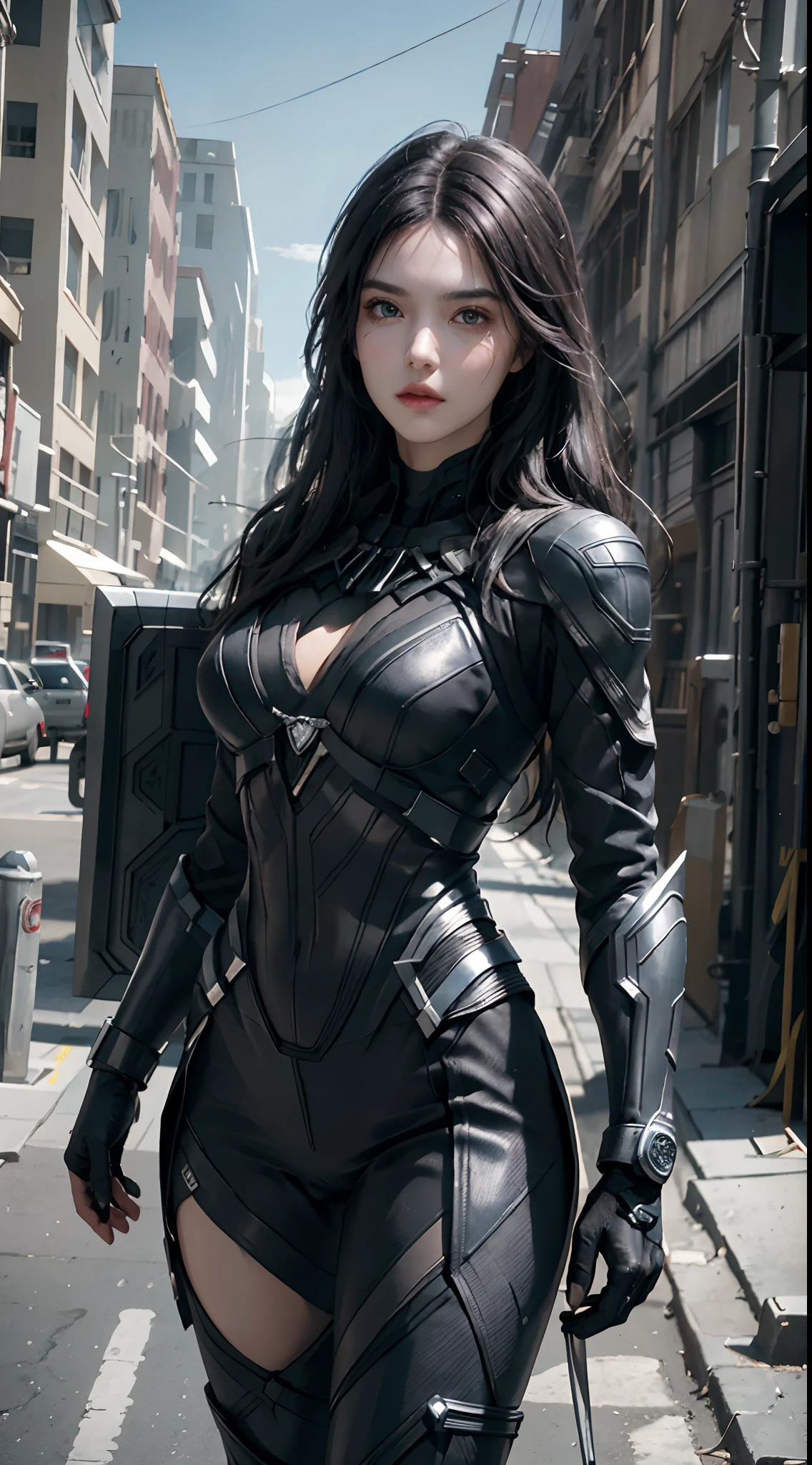 (1girl:1.3), solo, __body-parts__, official art, unified 8k wallpaper, super detailed, beautiful and aesthetic, beautiful, masterpiece, best quality, raw, masterpiece, super fine photo, best quality, super high resolution, photorealistic realism, sunlight, full-body portrait, amazing beauty, dynamic pose, delicate face, vibrant eyes, (from the front), she wears a futuristic Black Panther suit, blue black scheme, (holding a shield), A capital A on chest, very detailed abandoned warehouse background, detailed face, detailed complex busy background, messy, gorgeous, milky white, highly detailed skin, realistic skin details, visible pores, sharp focus, volumetric fog, 8k uhd, DSLR camera, high quality, film grain, fair skin, photo realism, lomography, huge metropolis in future dystopia, seen from below, translucent