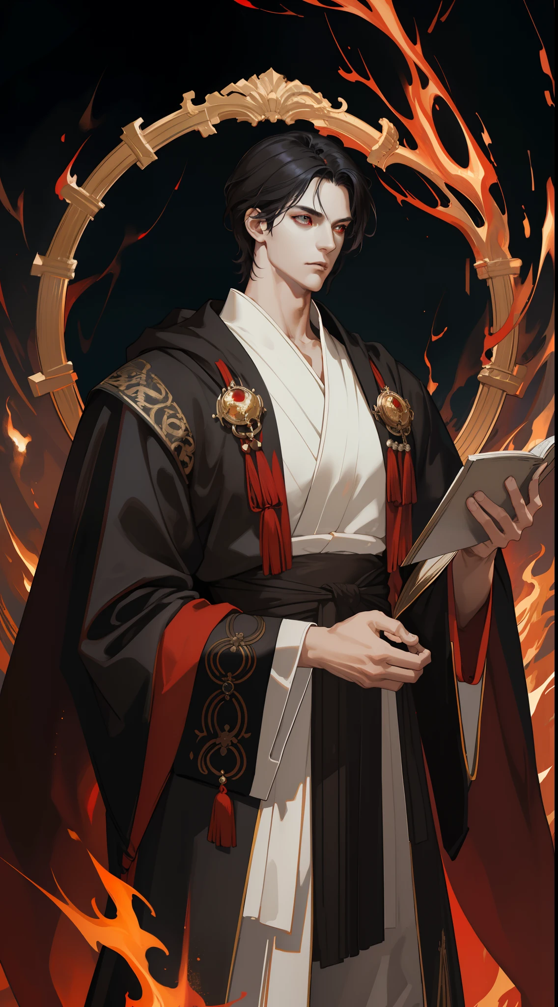masterpiece, best quality, 1 male, adult, handsome, tall muscular guy, broad shoulders, finely detailed eyes and detailed face, extremely detailed CG unity 8k wallpaper, intricate details, short black hair, red eye, long robe, fantasy, magnificent background, magic effect, flame, depth of field