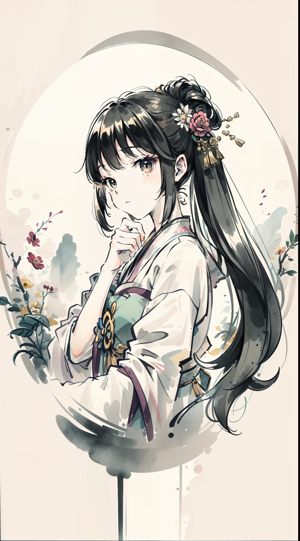 (Master masterpieces,high qulity,Very detailed,Perfect artwork,CG),(ink wash style:1.5),Defocused,kinds of colors,The art of paper,illustration,white background, scenery,one-girl,Oriental elements,vanity table,mirror surface
