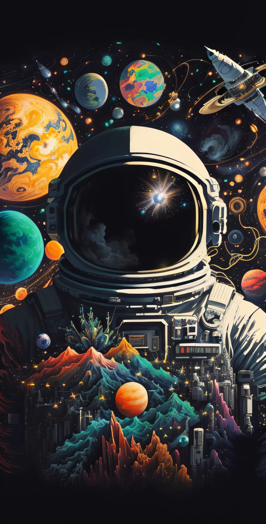 A painting of astronauts in space surrounded by planets, space, amazing wallpapers, Space travelling, cosmic space, detailed astronaut, Space travelling, cosmic space, Space art, lonely astronaut, Surreal space, cosmic ambient, great digital art with details, space themed, looking off into space, outerspace, Astronaut, space colors, 4k highly detailed digital art