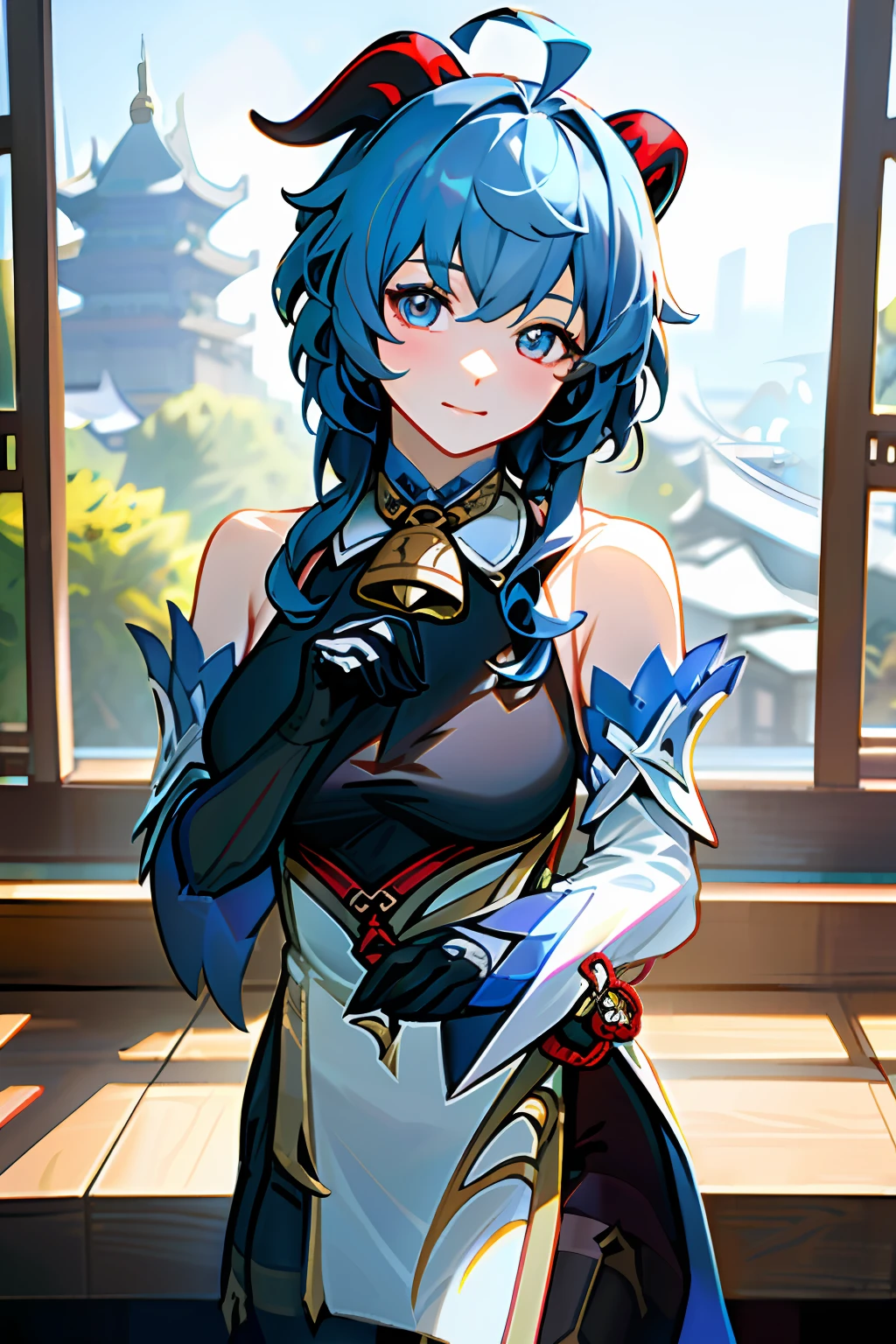 (photorealistic:1.4), (masterpiece, sidelighting, finely detailed beautiful eyes: 1.2), masterpiece*portrait, realistic, 3d face,
ganyu \(genshin impact\), 1girl, ahoge, architecture, bangs, bare shoulders, bell, black gloves, black pantyhose, (blue hair), blush, breasts, chinese knot, detached sleeves, flower knot, gloves, horns, long hair, looking at viewer, medium breasts, neck bell
