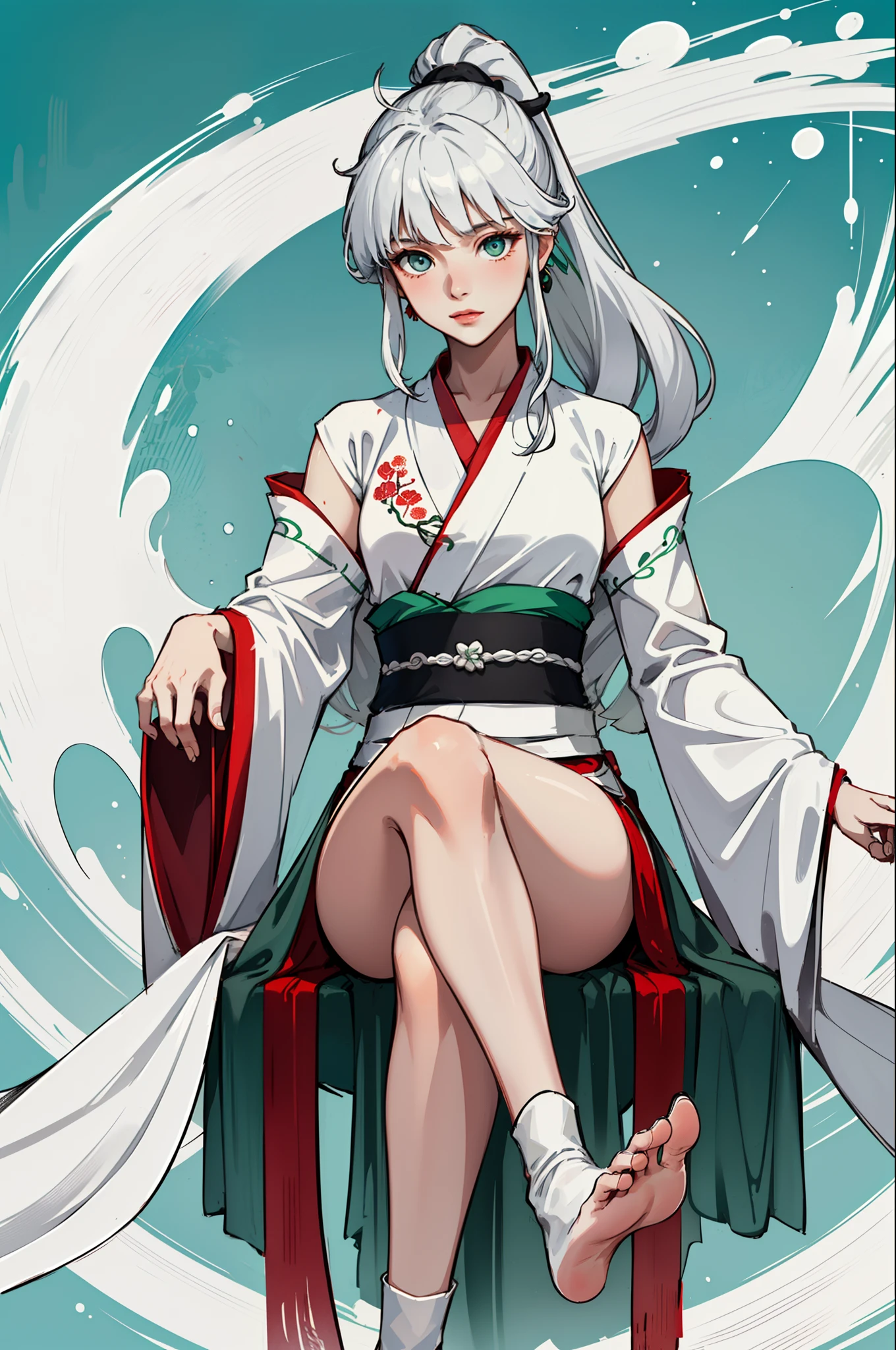 (Hundred quality+(Picture description of beauty), Hanfu jade girl, Silver hair and beautiful legs, Bright eyes, Red and white Hanfu, Beautiful jade feet, Embroidered black hanfu, Flying white ponytail, Gentle temperament),Feet wrapped in white silk are exposed,illustrious,