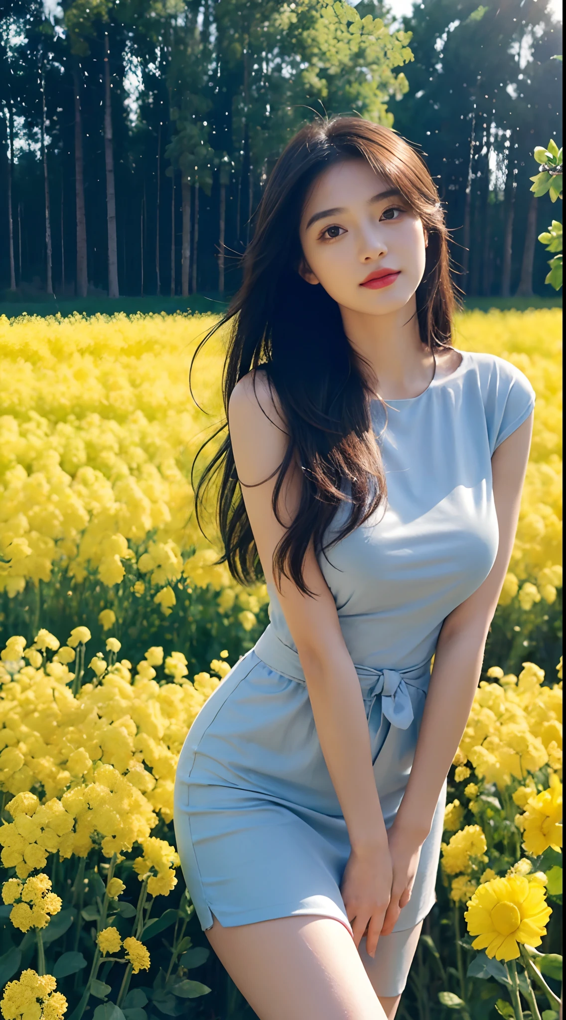 ((best qualtiy, 8K, tmasterpiece:1.3)),Girls around 20 years old，simplicity，Extremely beautiful and delicate，(light make-up)，Black color hair，A sweet smile，Delicate and beautiful fair skin，Realistic and realistic，exquisite and complete facial features，Detailed depiction of the face，Big obsidian-like eyes，tall nose bridge，Red lips，Beautiful, gentle and beautiful girl，Smooth hair，extremely detail hair，Feminine temperament，Fill your face light，hyper realisitc，photorealestic，8K level quality，extremy detailed，Realistic details，Works of masters，Realistic to the extreme，big breasts body，Beautiful，Pure desire，Stunning beauty，Peerless beauty，Highest image quality，8K resolution，goddes，ssmile，Fine facial features，Long hair and waist，Large long thick legs，pretty short skirt，rays of sunshine，facing at camera，The body is well-proportioned and firm，Gentle eyes，Exposing thighs，In a nice canola flower field，（（（Do not show your hands））），（Hide your hands，Do not show your hands）