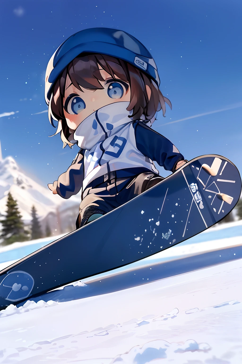 masterpiece, top-quality, Chibi,1boy(((Blue-eyed boy))), cheng,brown haired,shorth hair, Ski resort on a sunny day、snow board、(((Chasing the person in front of you on a snowboard)))(((Glide facing forward)))