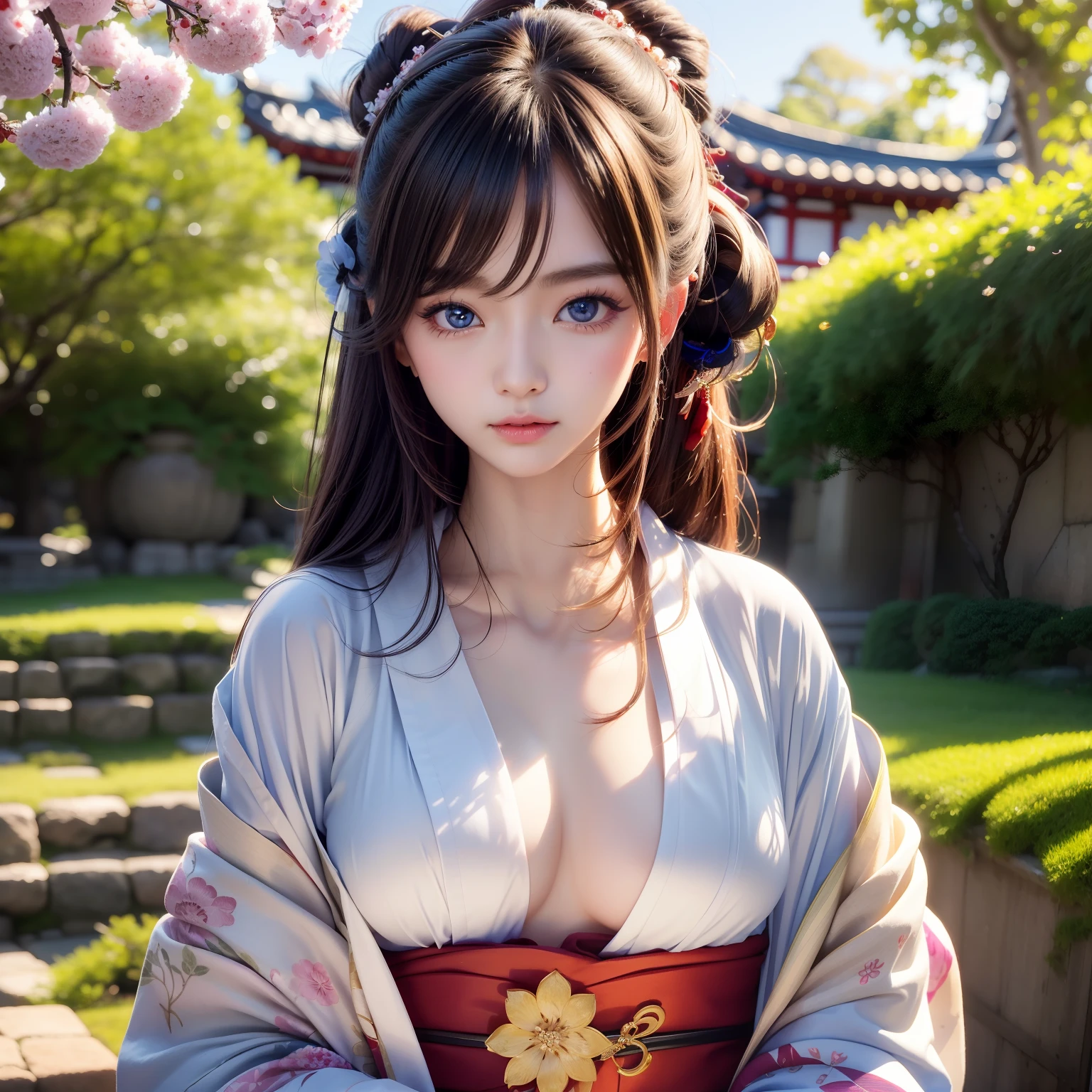 High quality、25Pretty woman of 、Slender beauty、Wear a traditional kimono with gorgeous Japan、Hairpin、Geta、Expensive obi、Big beautiful blue eyes、Detailed cute face、(((独奏)))、Dignified behavior、Gion、Kiyomizu-dera Temple、under a cherry blossom tree