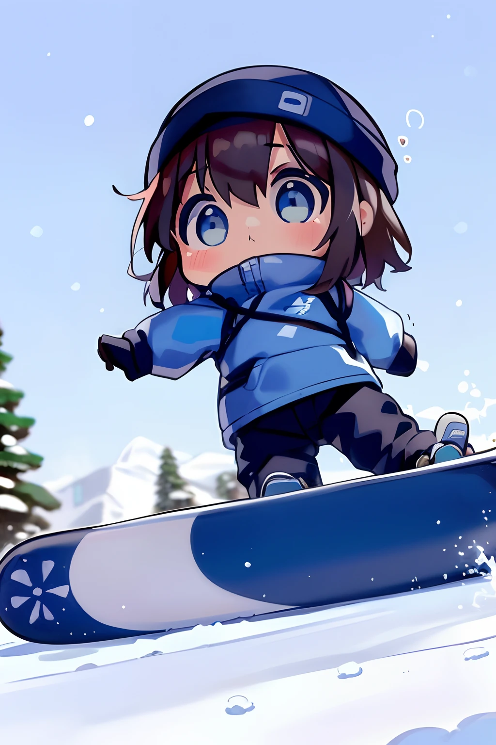 ​masterpiece, top-quality, Chibi,1boy(((Blue-eyed boy))), cheng,brown haired,shorth hair, Ski resort on a sunny day、snow board、(((Chasing the person in front of you on a snowboard)))(((Glide facing forward)))