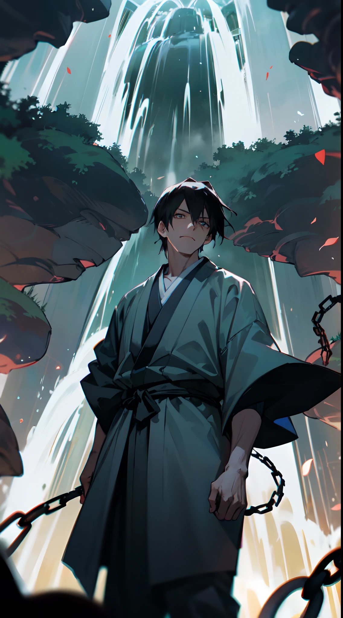 The Great Toji is a mysterious and powerful figure, Standing at the waterfall, surrounded by thick fog. He is chained, which seem unshakable and impossible to break. His gaze is full of cruelty and contempt, causing a powerful fear in the viewer. The great Toji looks like an ancient demon wearing white joggers and a black kimono on his body, The embodiment of evil and mysticism. It emits a powerful aura, which causes the air around him to tremble and create a sense of imminent danger. The peals of the waterfall and the sound of its chains add to the atmosphere of fear and tension. The great Toji looks directly into the eyes of the viewer, as if reading his thoughts and causing awe in the very depths of his soul. His dark eyes sparkle like living coals, reflecting infinite wisdom and sinister power. The presence of the Great Toji at the waterfall creates a feeling, that he is the lord of the place, the embodiment of his spirit and the unshakable power of nature. He has incredible magic, capable of plunging even the bravest and bravest into awe. The great Toji symbolizes the immense power of nature, which can be both beautiful and terrifying. His appearance is filled with symbolism and mystery. Runes, carved on his body and chains, keep the secrets of old magic and long-forgotten rites. The Great Toji is a crossroads between the world of people and the world of spirits, And His presence calls us to explore the depths of our own inner world. It stands near a waterfall, which is a symbol of strength, revival and overcoming obstacles. The sound of falling water and thick fog, surrounding the Great Toji, create the impression of incomprehensible mysticism and power, which is hiding in this place. The great Toji evokes mixed feelings in us - fear and admiration, Horror and delight. It reminds us of, that there are depths within us, that we must explore and accept, To unleash our true potential.