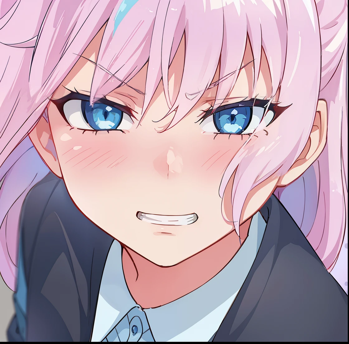 A  girl. blue eyes. evil grin. rose hair. coat