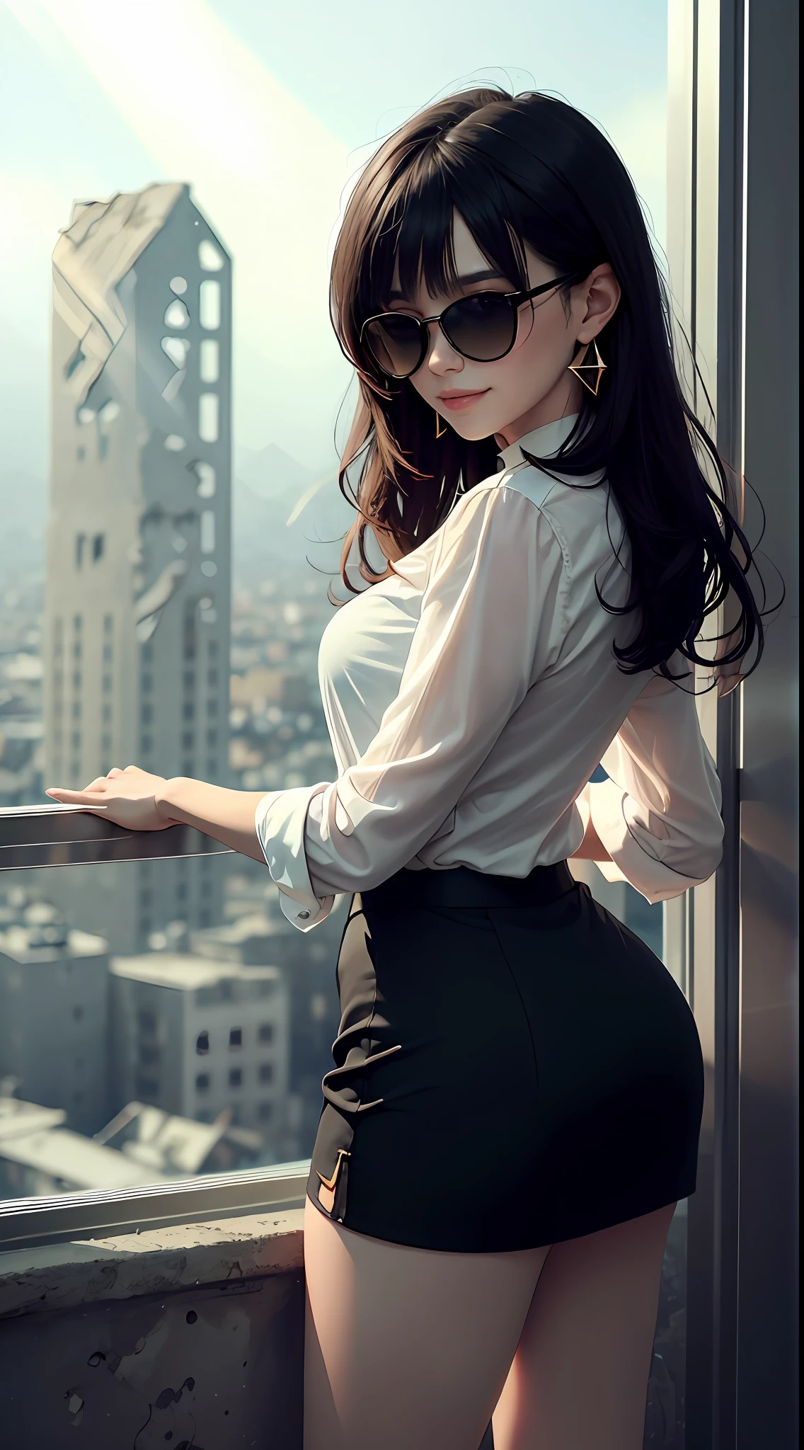 （tmasterpiece，best qualtiy），独奏，1girll，19years old，petite，The look of a smile，Face the camera，looking at viewert，Brown eyes，long whitr hair，and hip length，Completely black hair，Qi bangs，Commercial suit top，black long sleeves（The best quality），black short skirt，short  skirt，With translucent sunglasses on his face，beautidful eyes，Only 2 arms，Only two hands，Arms are fully open in a hugging position，Black star earrings， The background is the ruins of the doomsday wind，The light from the back window is backlighted，（Wallpapers）， （8k hdr）， （8k hdr）