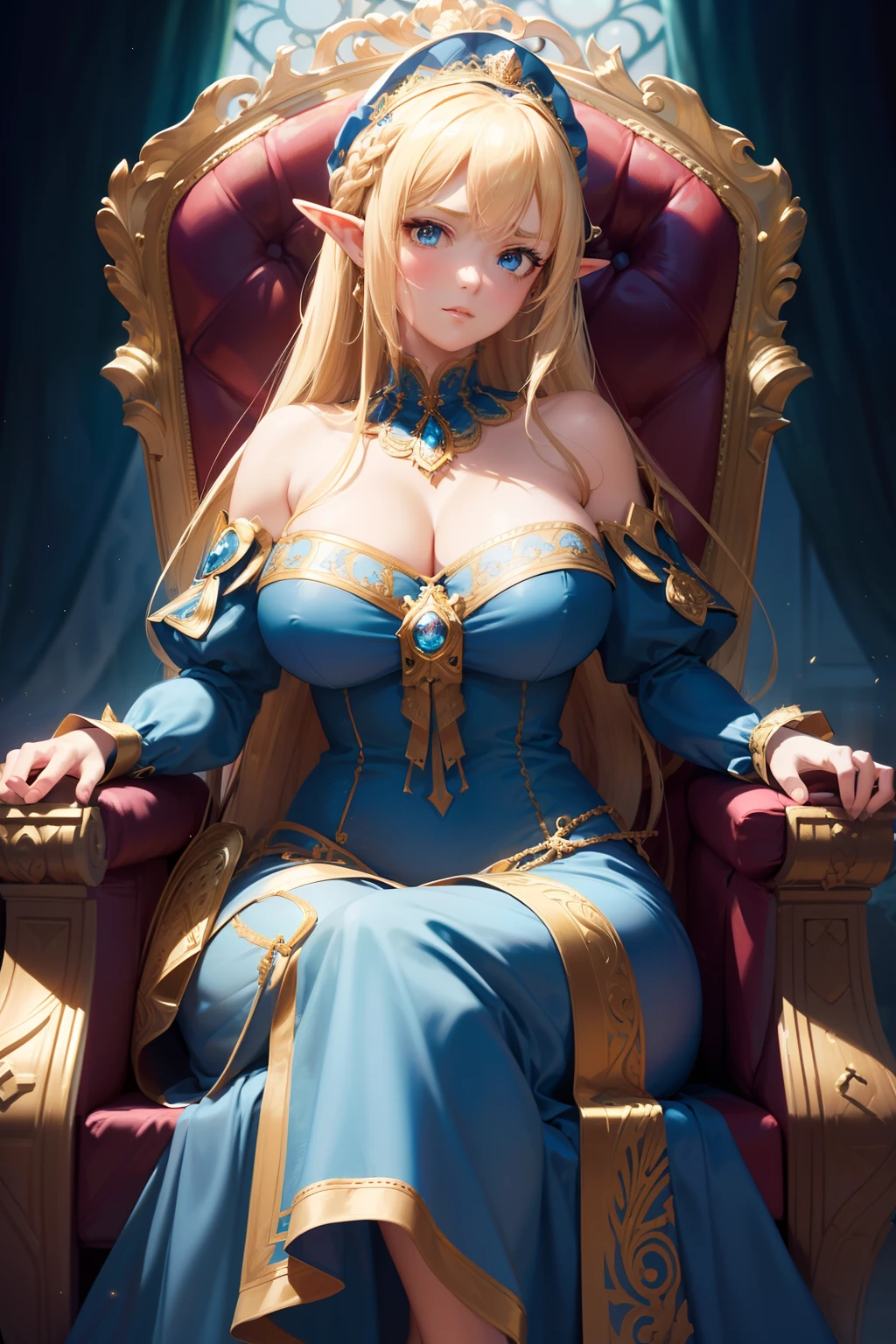(Realistic), (Highres), 4K, 8K, Detailed Illustration, Ultra-Detailed, Ambient Light, Backlighting, Realistic Shadows, Glowing Particles, Light Particles, Digital Art, Detailed Face, Detailed Hair, (Hyper-Detailed Eyes:1.2), Soft Light, Soft Lighting, (Outdoors:1.15), Renaissance, Renaissance Architecture, Hyper Detailed Architecture, Vintage Windows, Red Curtains, (Throne:1.4), (Sitting on Throne:1.2), Front, Frontal, Huge Throne, Ornate Throne, Royal Throne, Massive Throne, (Blonde Hair:1.15), Bangs, Shiny Hair, short braids, Blue Eyes, Closed Mouth, Dignified Expression, Emotionless, Calm, Confident (Solo:1.4), Mature Female, Sexy Elf Woman, Full Body, Toned Thighs, Narrow Waist, Round Hips, (Huge Perky Breasts:1.1), Crossed Legs, (Crossed Arms:1.1) (Elegant Blue Dress:1.1), Ornate Clothes, Ornate Dress, (Blue Off-Shoulder Dress:1.1), Bare Shoulders, Skindentation, (Blue Dress:1.1), (White Puffy Sleeves, Long Sleeves, Juliet Sleeves:1.1), Long Sexy Dress, cleavage, covered , (Ballroom Gown:1.3), (Frilled Dress:1.3), (Jewelry:1.15), Collar, Gorget, Gold-Trim, Regalia, Knight
