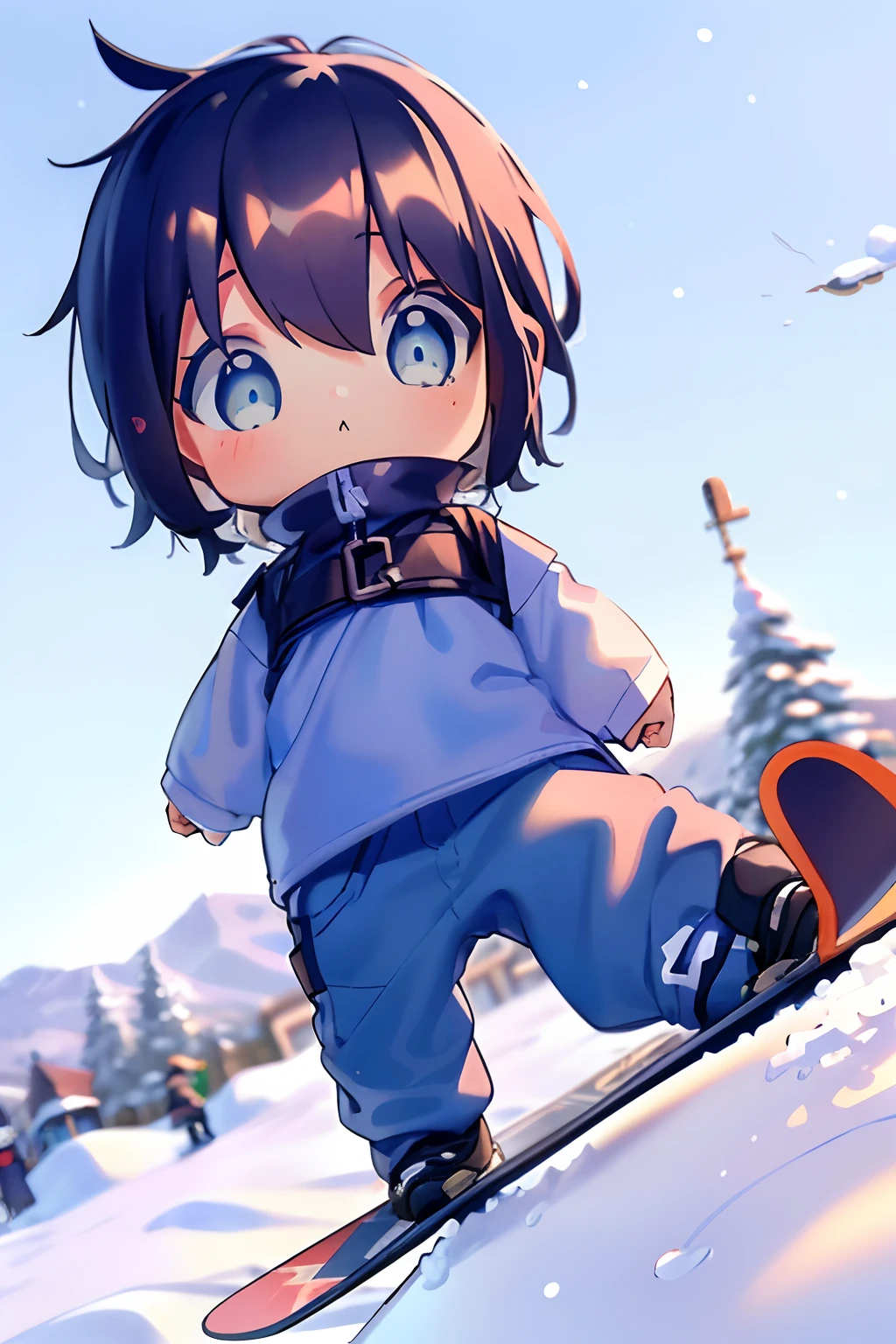 ​masterpiece, top-quality, Chibi,1boy(((Blue-eyed boy))), cheng,brown haired,shorth hair, Ski resort on a sunny day、snow board、(((Chasing the person in front of you on a snowboard)))(((Glide facing forward)))