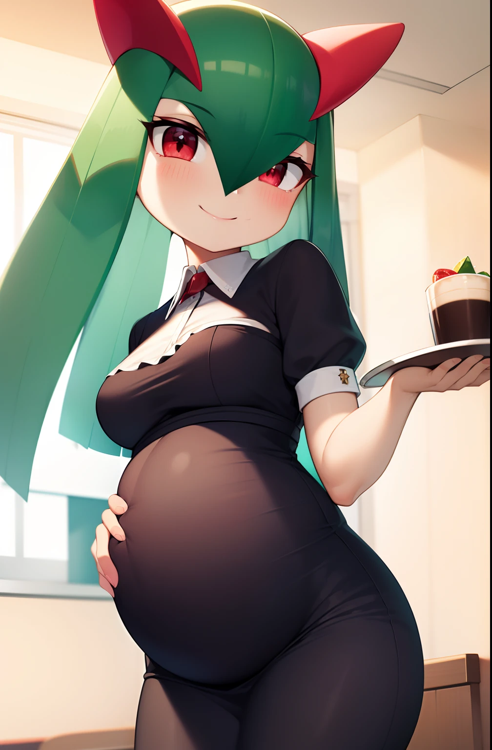 masterpiece, best quality, 1 girl, solo, kirlia, green hair, red eyes, female breasts, medium breasts, in a restaurant, smiling, maid uniform, black clothes, pregnant, carries a tray under her arm.