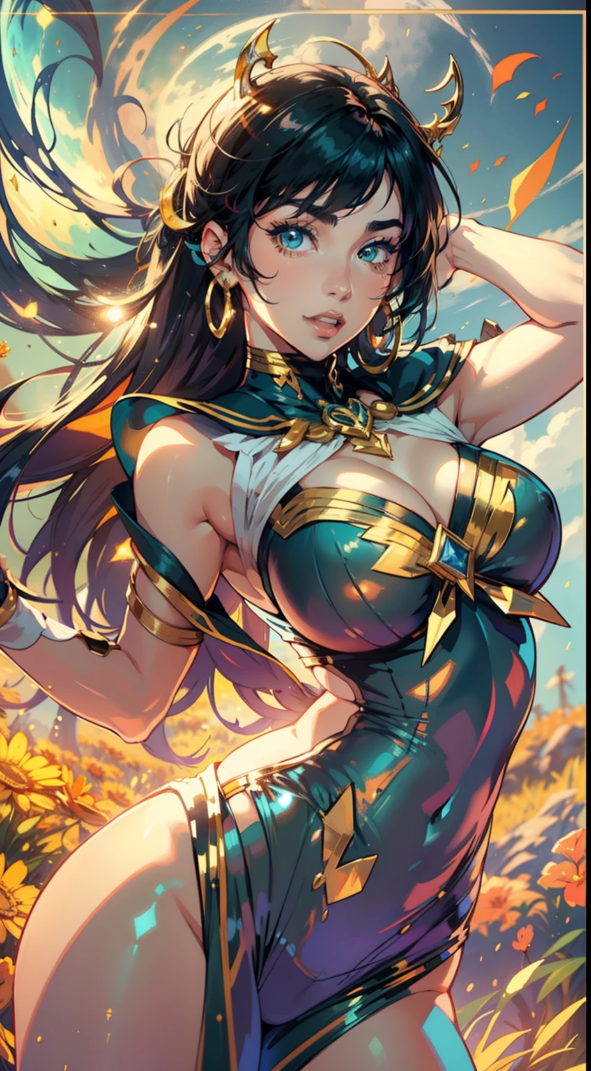 hyper amazing beautiful fantasy art to singer (Dua Lipa), amazing gorgeous face to Dua Lipa, she is sexy wearing to custom sailor moon bodysuit, very glowed and torn, she have to pair of muscular toned thighs and hips , and hourglass body, wrapped in powerful aura ,in a field of energy, Goddess energy, powerful goddess vhica, orange, green and litmus, in Saiolor Mars costume, shot black hair, ,smile, high resolution, cleary, chromatic armony, levitating:1.2,