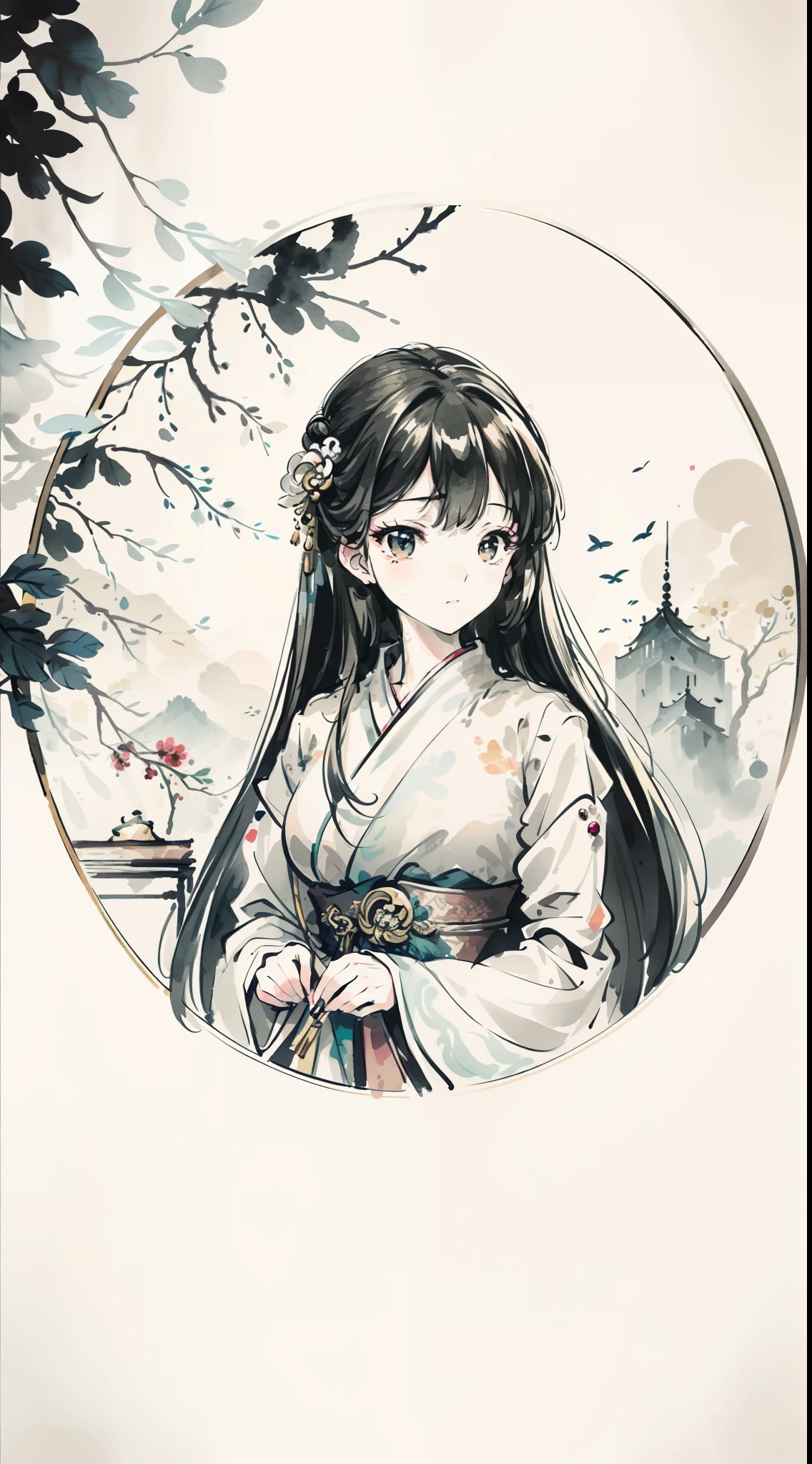 （Master masterpieces，high qulity，Very detailed，Perfect artwork，CG），（ink wash style：1.5），Defocused，kinds of colors,The art of paper，illustration，white background, scenery,one-girl，Oriental elements，vanity table，mirror surface