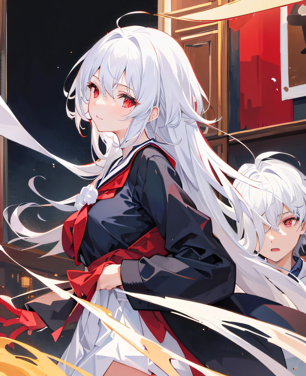 ​masterpiece、top-quality、(1 Faceless Boy:1.3)、(boys grabbing breasts:1.1)、1girl in。(校服:1.2), white  hair,Red eyes,(‎Classroom:0.8), (evening glow:0.7),(middlebreast:1.4), (mournful smile:0.8)
