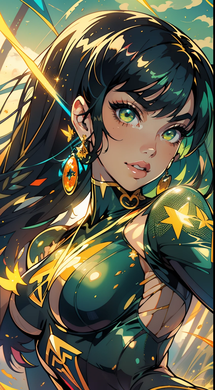 hyper amazing beautiful fantasy art to singer (Dua Lipa), amazing gorgeous face to Dua Lipa, she is sexy wearing to custom sailor moon bodysuit, very glowed and torn, she have to pair of muscular toned thighs , and hourglass body, wrapped in a car, in a field of energy, Goddess energy, powerful goddess vhica, orange, green and litmus, in Saiolor Mars costume, shot black hair, ,smile, high resolution, cleary, chromatic armony, levitating:1.2,