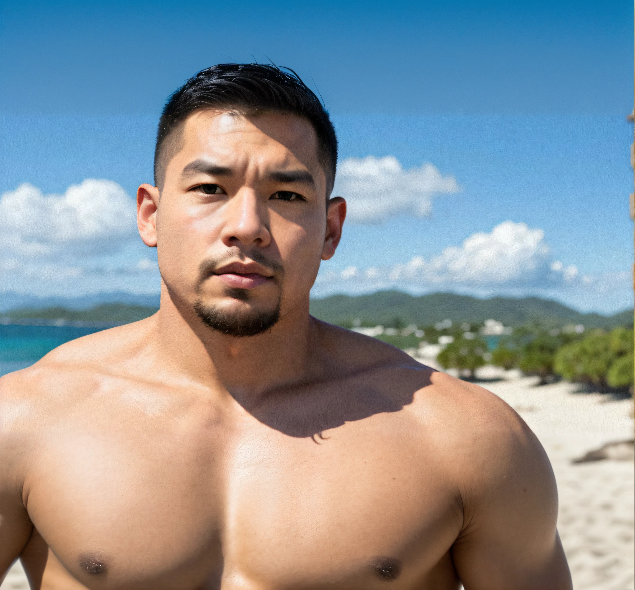 There was a man standing on the beach,No shirt, Asian male, michael okuda, rick dai, handsome chad chin, david nakayama, asian man, inspired by Tadashi Nakayama, reuben wu, darren quach, yusuke nakano, Lean man with light tan skin, damien tran, daisuke tsutsumi, naoki ikushima