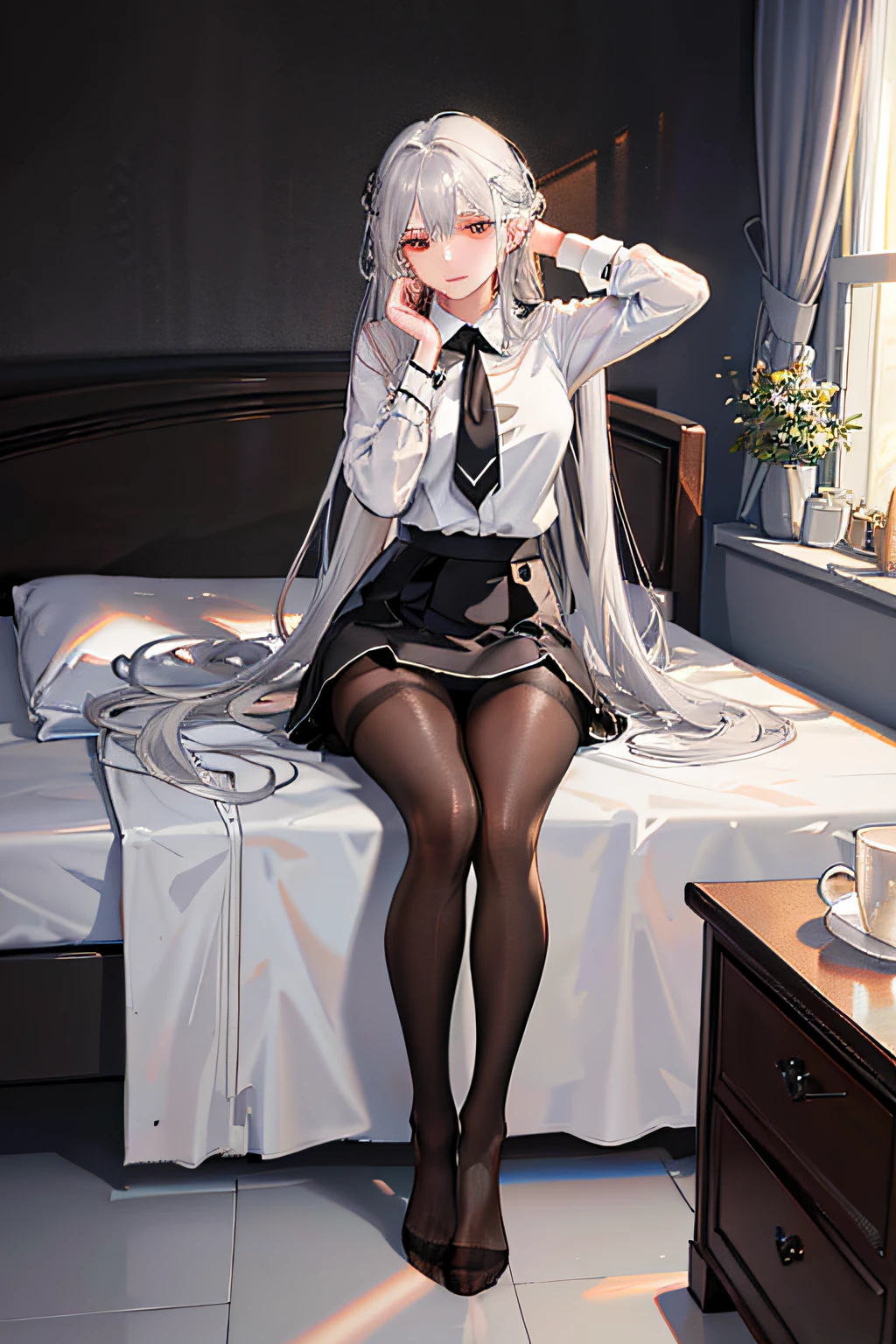 (((1 girl)),ray tracing,(dim lighting),[detailed background (bedroom)),((silver hair)),((silver hair)),(Fluffy silver hair, plump and slender girl))) with high ponytail))) Avoid golden eyes in the ominous bedroom ((((Girl wears a white shirt, black wrinkled skirt with black transparent pantyhose), showing a delicate slim figure and graceful curves, correct limbs, sitting on the bed with hands behind her head, Put both hands behind your head