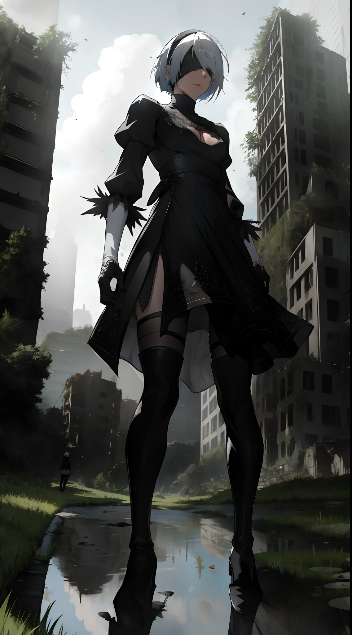 yorha no. 2 type b, 1girl, absurdres, black blindfold, black dress, black hairband, blindfold, blue sky, boots, building, city, cloud, covered eyes, debris, dress, feather-trimmed sleeves, feather trim, from below, gloves, grass, hairband, high heel boots, high heels, highres, juliet sleeves, katana, leather, leather boots, long sleeves, nier \(series\), nier automata, outdoors, overgrown, pod \(nier automata\), post-apocalypse, puddle, puffy sleeves, rubble, ruins, scenery, sky, thigh boots, thighhighs, thighhighs under boots, water