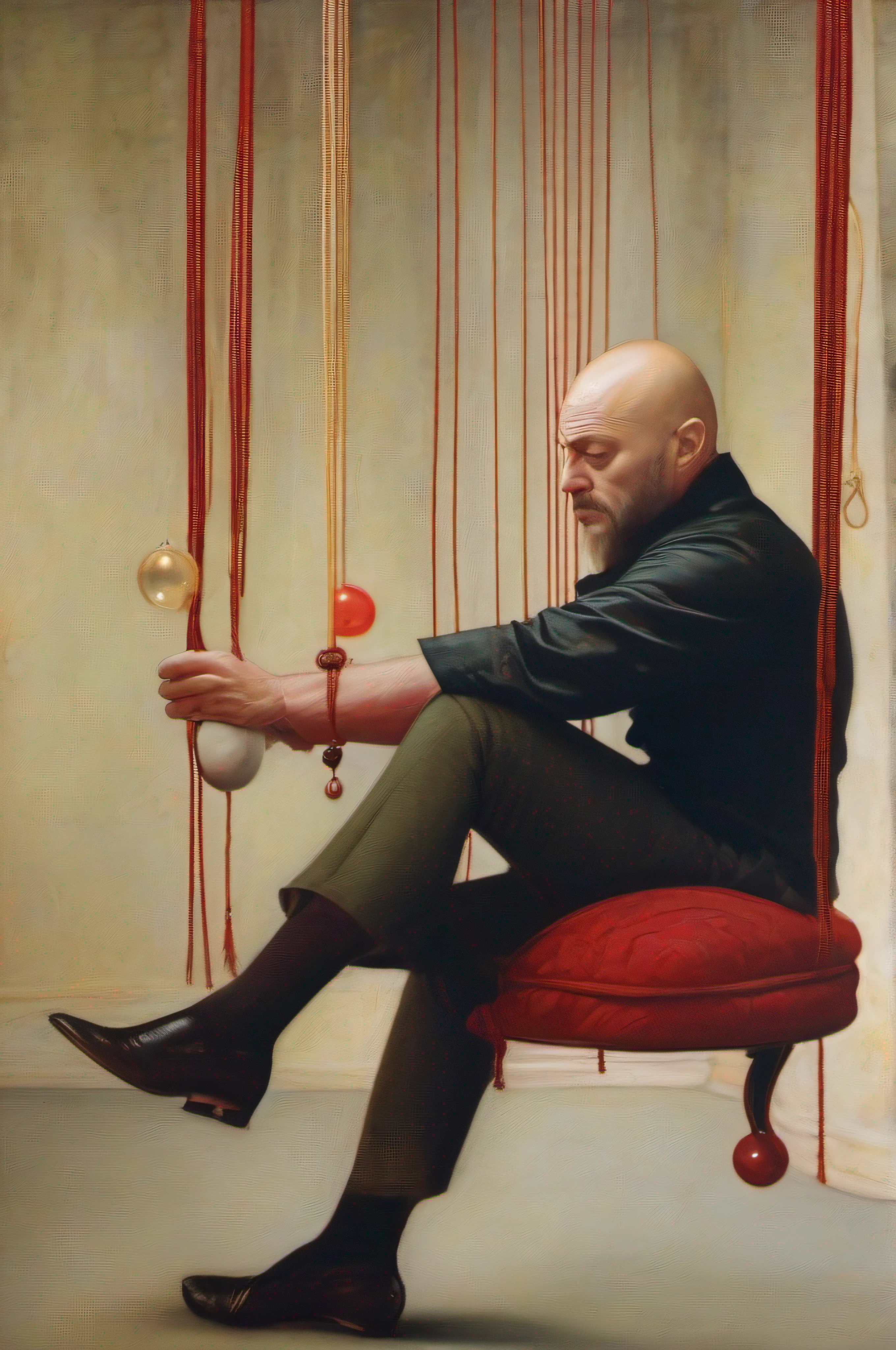 hiper realistic Hieronymus bosch style with red ropes, strings and spheres in a caravagio style muscled and handsome single bald man in a STANISLAO LEPRI style representing a shower muscled bald man with strings in a tintoretto and hieronymus bosch and paula rego style